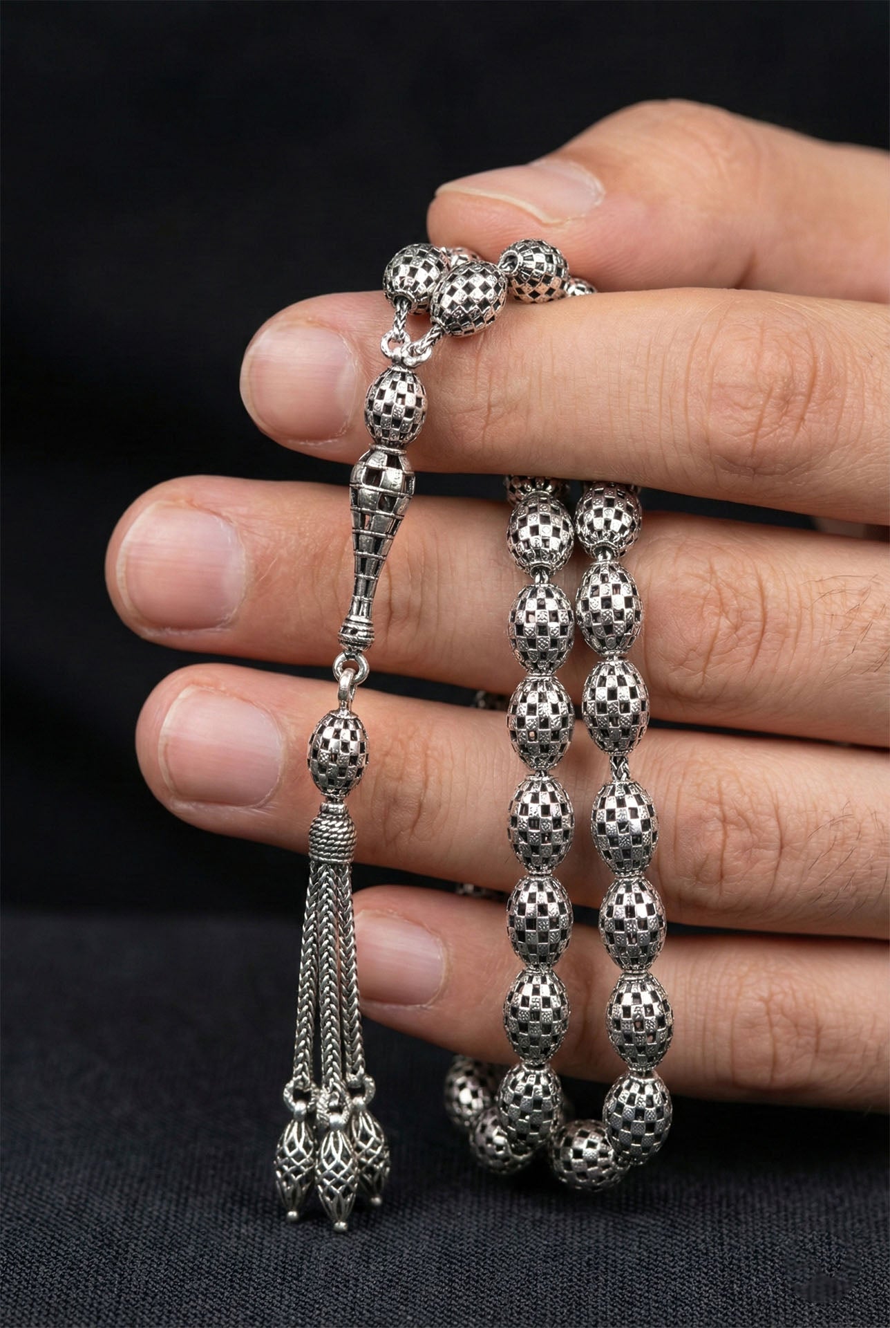 Oval Cut Tassel Checkerboard Embroidered-Style Traditional Prayer Beads Silver