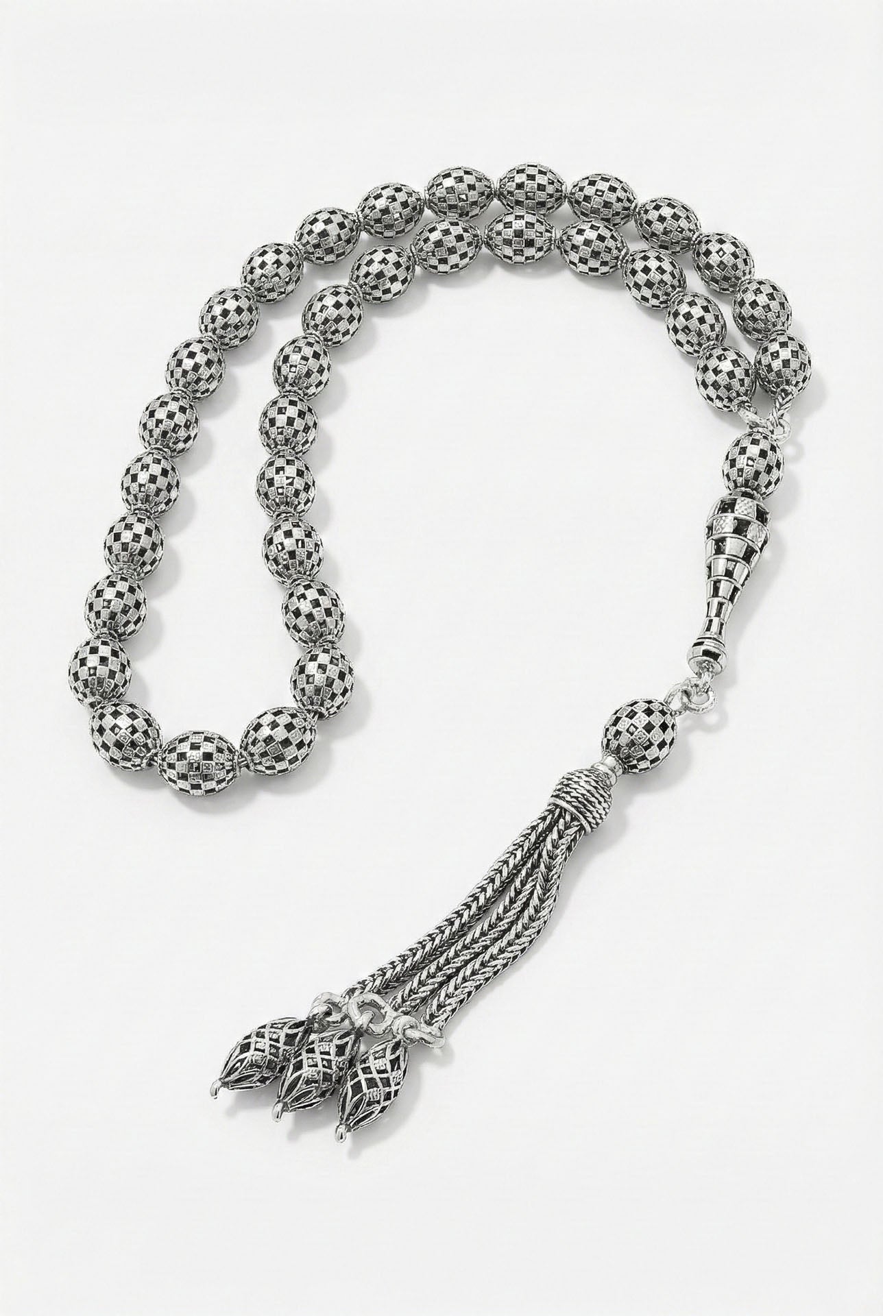 Oval Cut Tassel Checkerboard Embroidered-Style Traditional Prayer Beads Silver