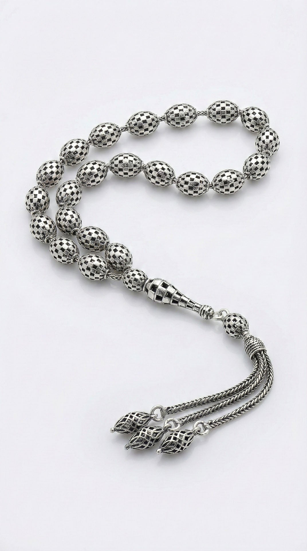 Oval Cut Tassel Checkerboard Embroidered-Style Traditional Prayer Beads Silver
