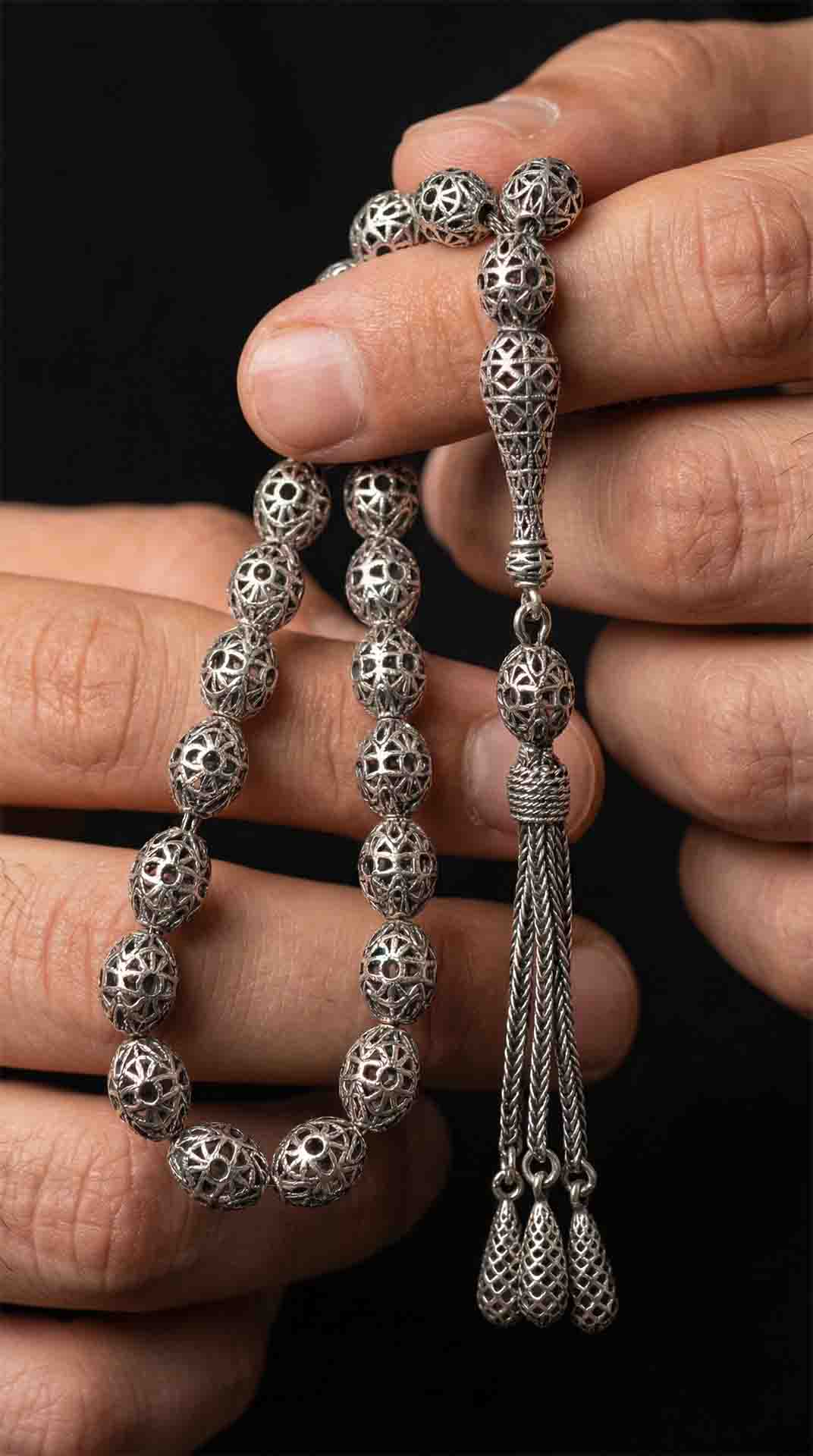 Oval Cut Tassel Fusion Embroidered-Style Traditional Prayer Beads Silver