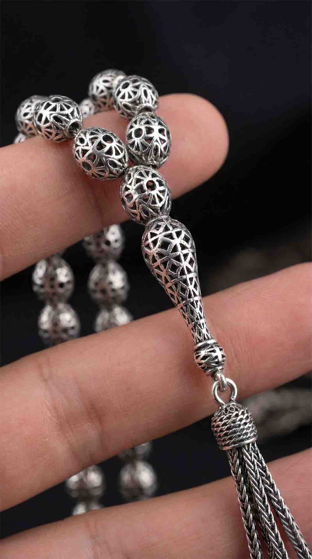 Oval Cut Tassel Fusion Embroidered-Style Traditional Prayer Beads Silver