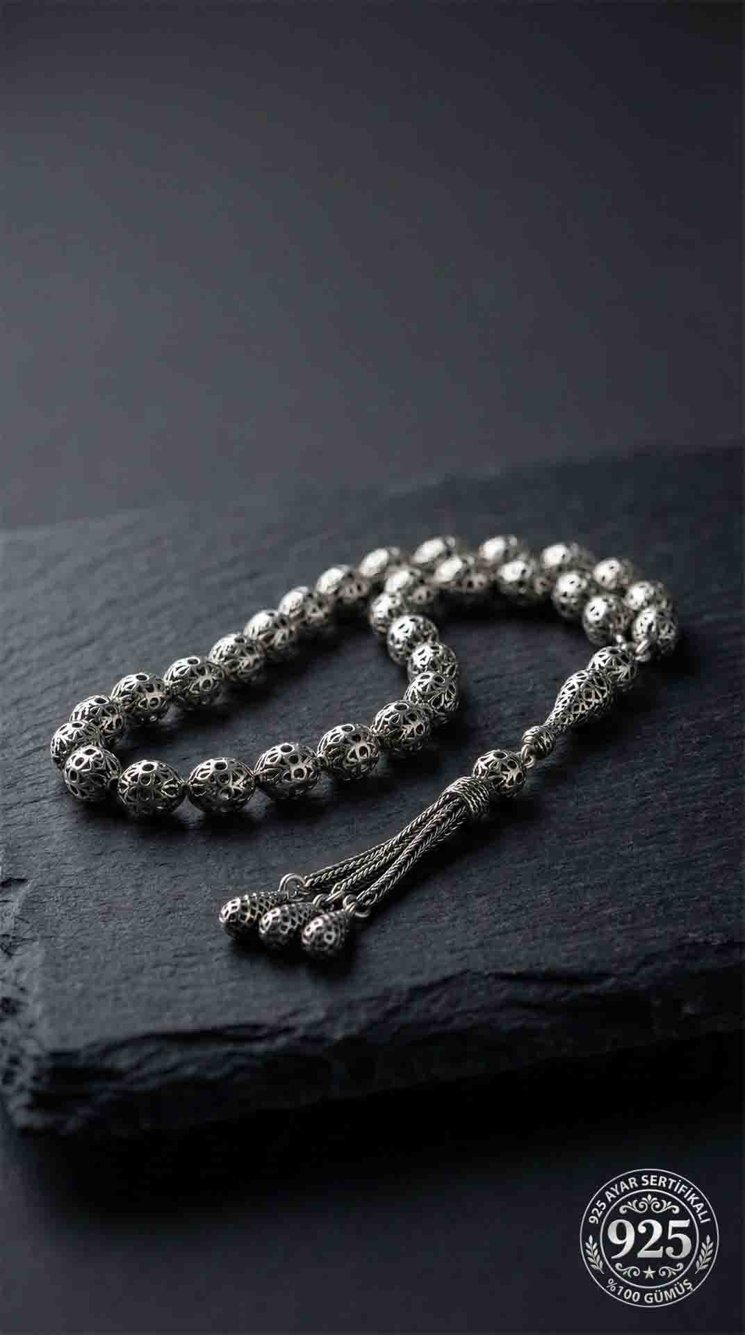 Oval Cut Tassel Fusion Embroidered-Style Traditional Prayer Beads Silver