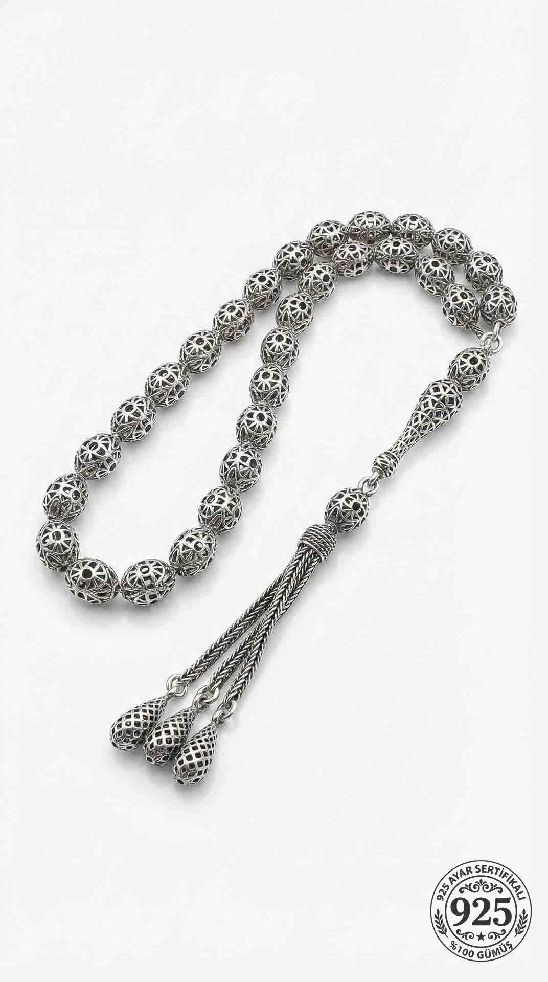 Oval Cut Tassel Fusion Embroidered-Style Traditional Prayer Beads Silver