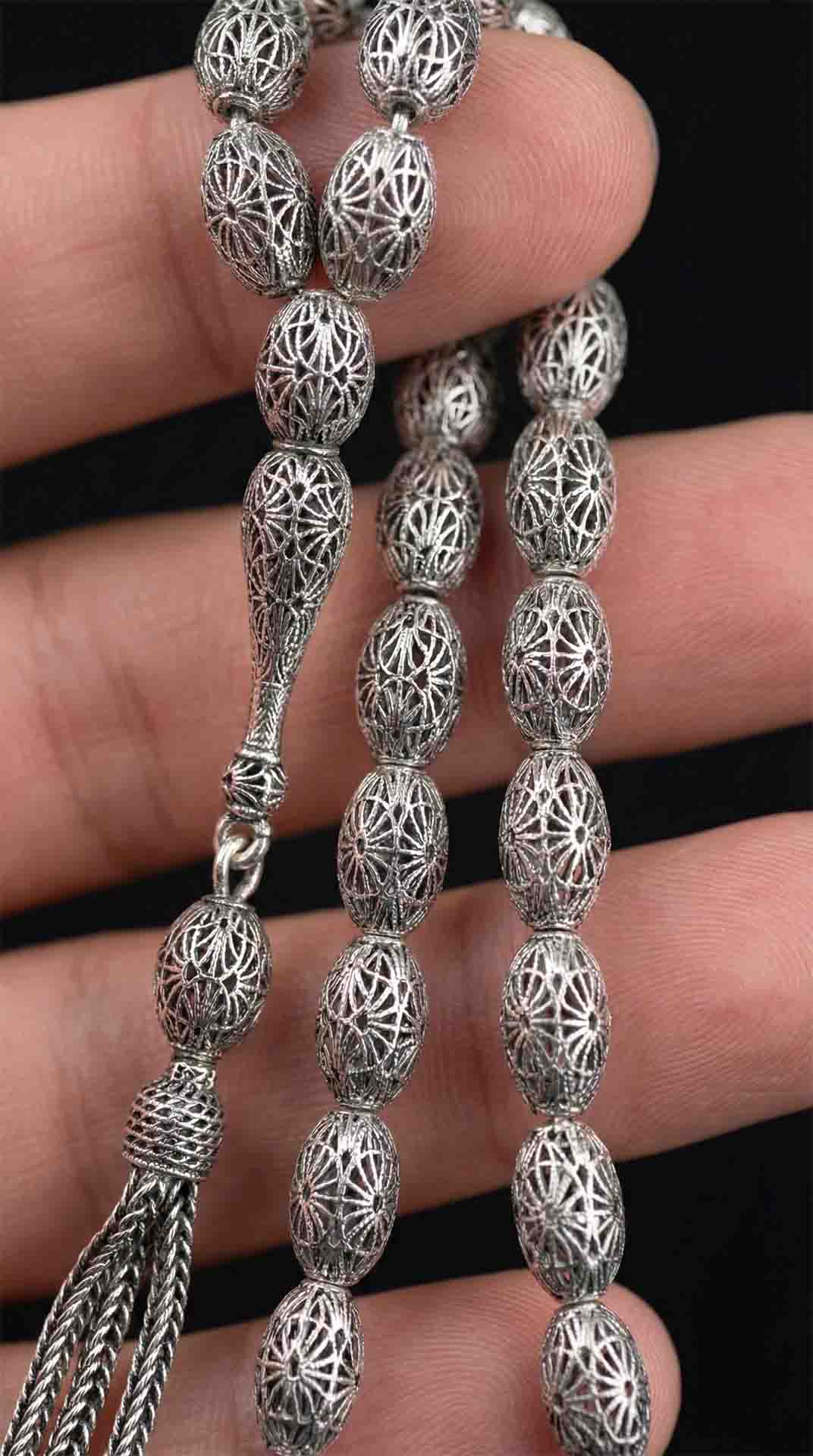 Oval Cut Tassel Oyster Patterned Traditional Prayer Beads Silver
