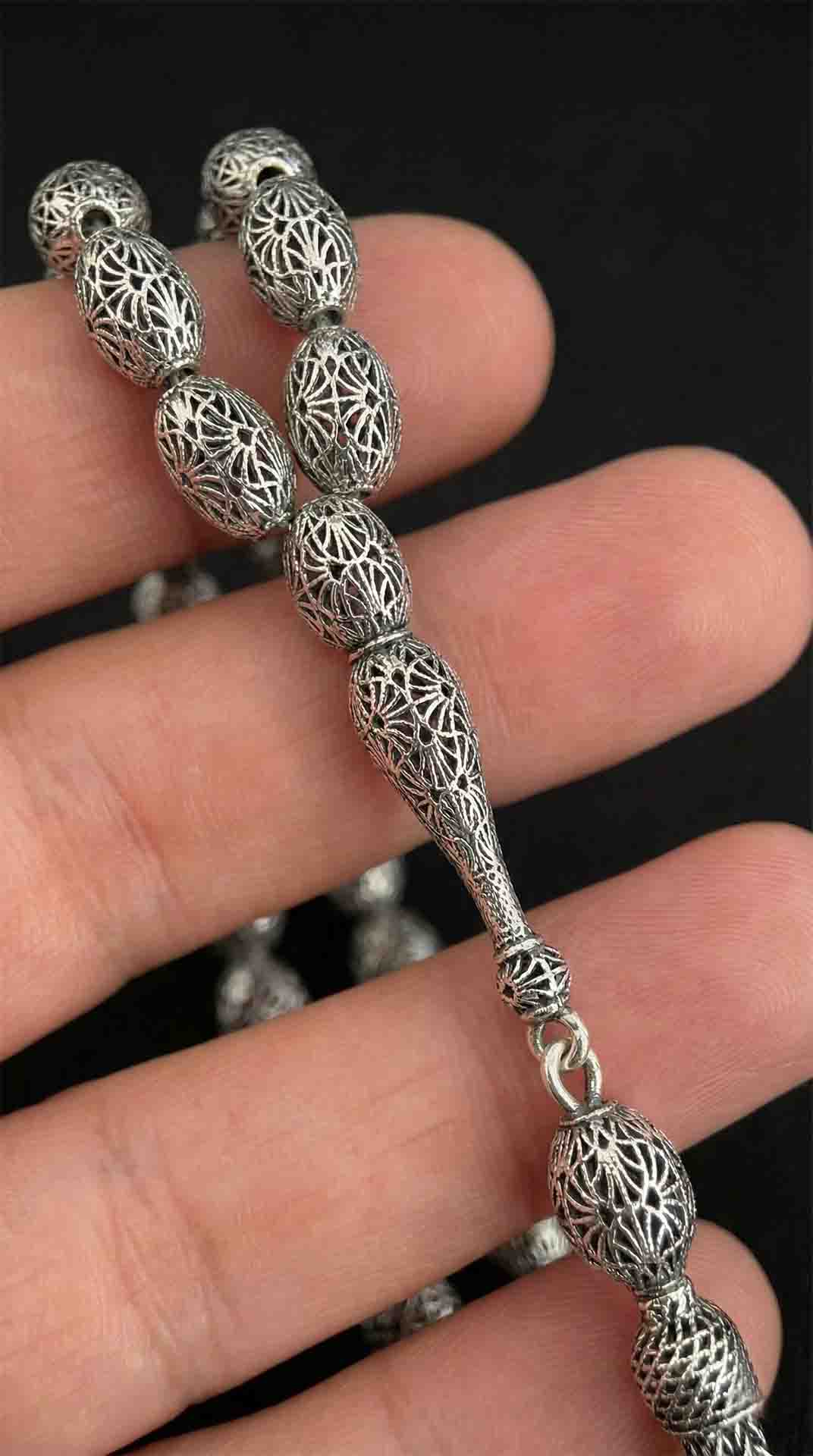 Oval Cut Tassel Oyster Patterned Traditional Prayer Beads Silver