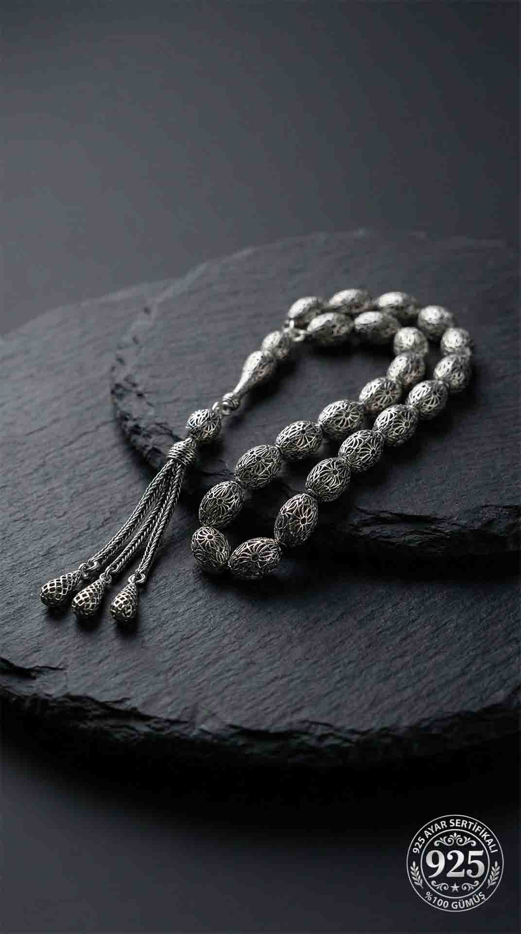 Oval Cut Tassel Oyster Patterned Traditional Prayer Beads Silver