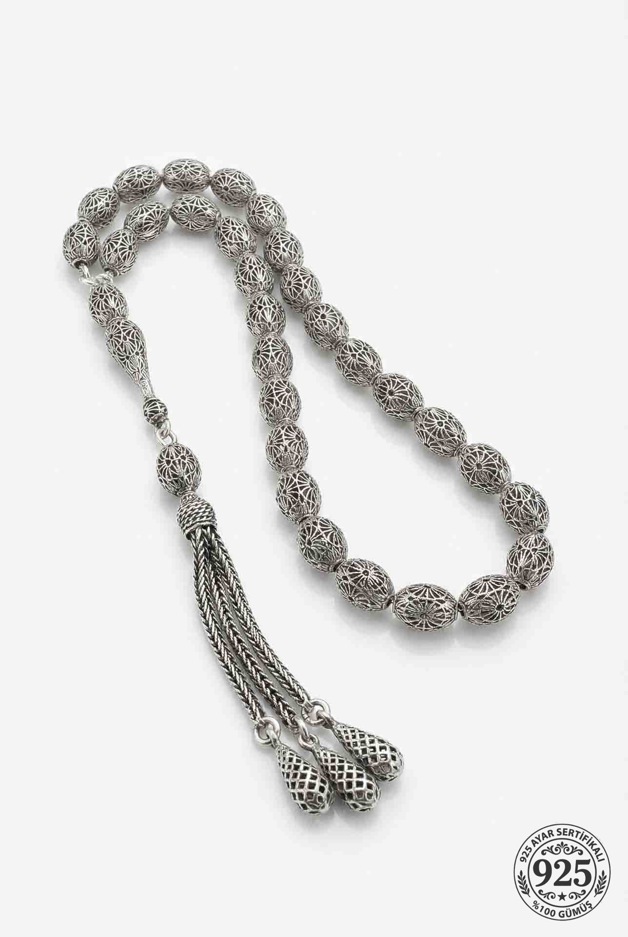 Oval Cut Tassel Oyster Patterned Traditional Prayer Beads Silver