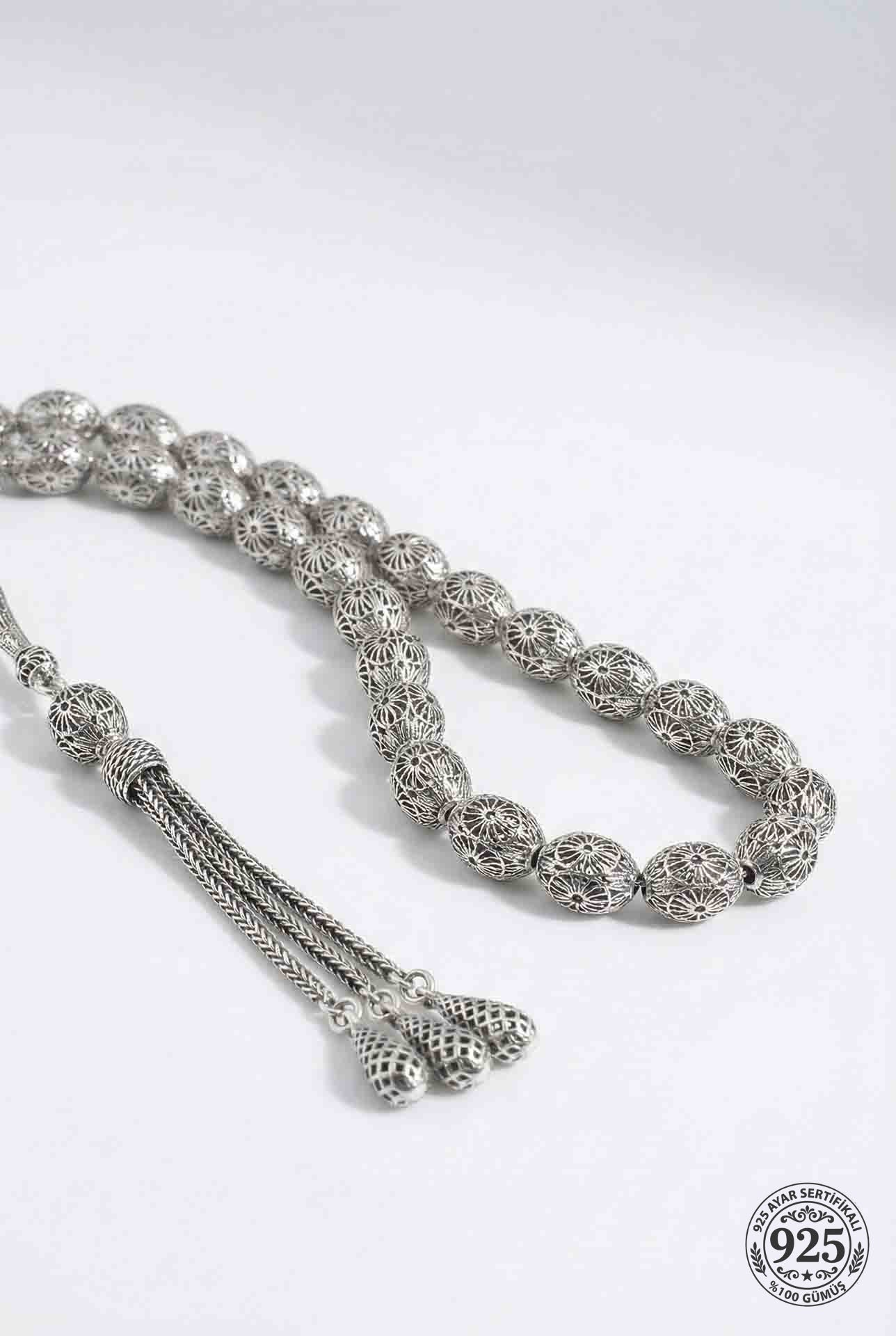 Oval Cut Tassel Oyster Patterned Traditional Prayer Beads Silver
