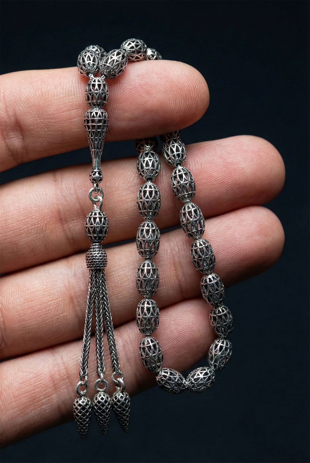 Oval Cut Tassel Cage Embroidered-Style Traditional Prayer Beads Silver