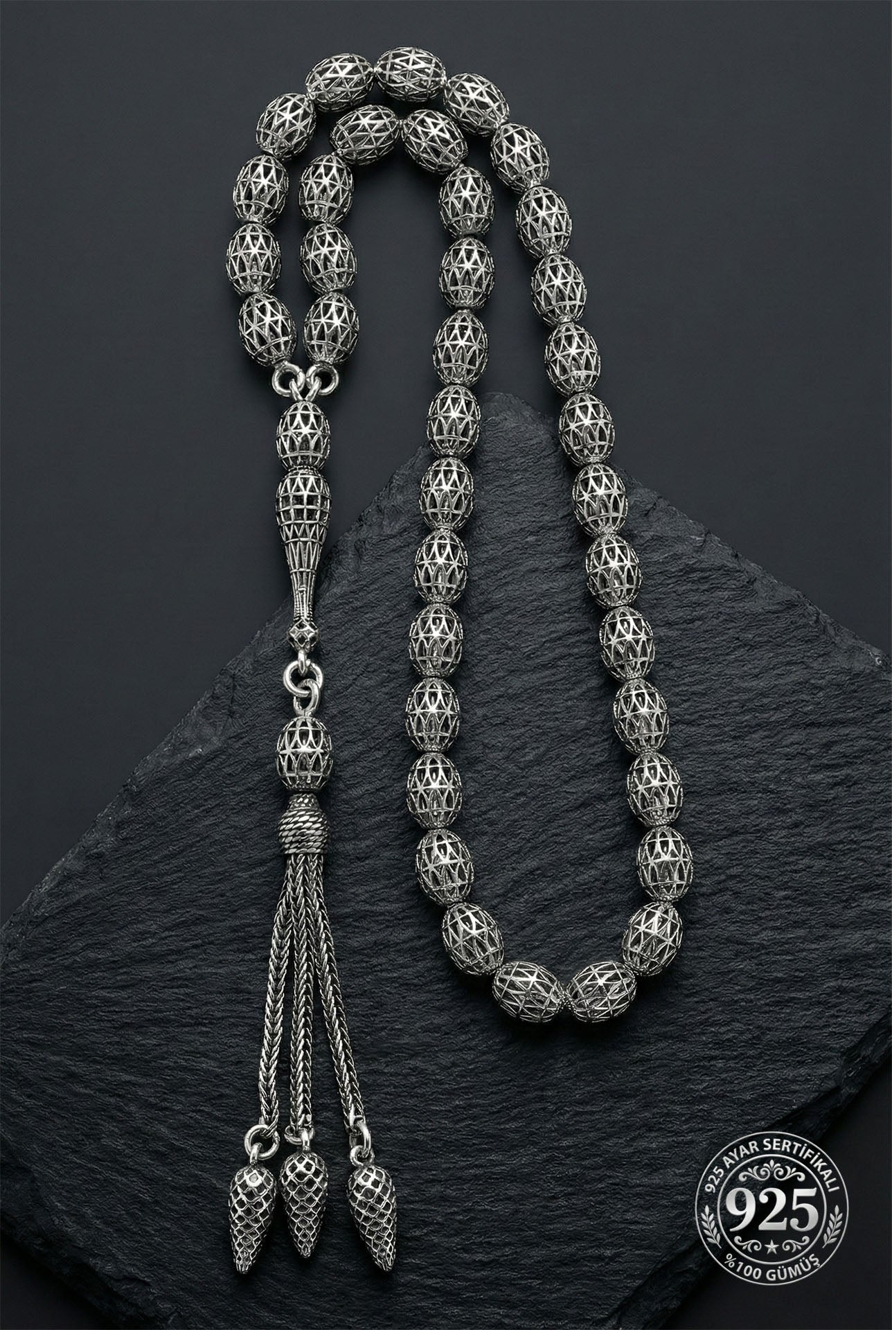 Oval Cut Tassel Cage Embroidered-Style Traditional Prayer Beads Silver