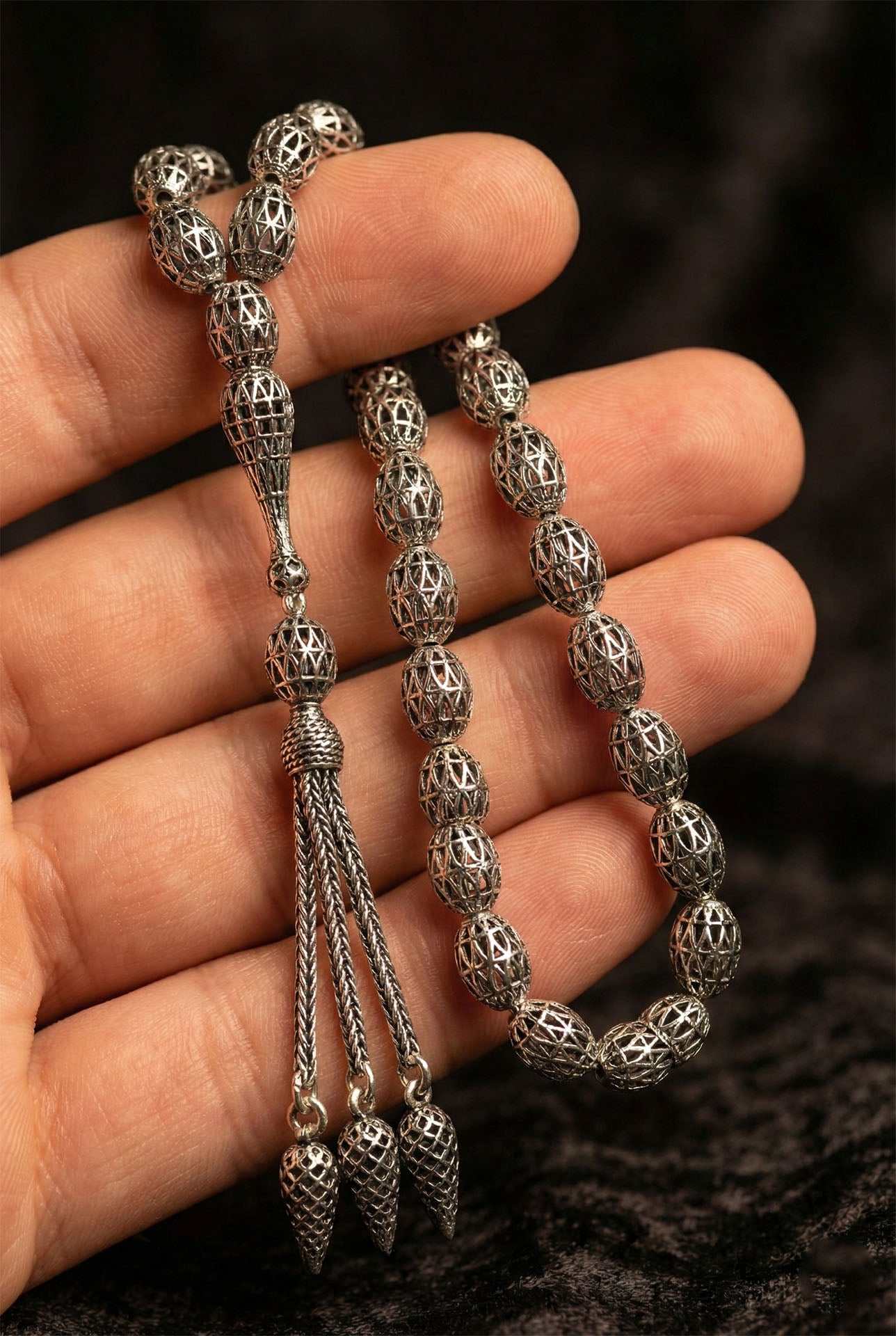 Oval Cut Tassel Cage Embroidered-Style Traditional Prayer Beads Silver