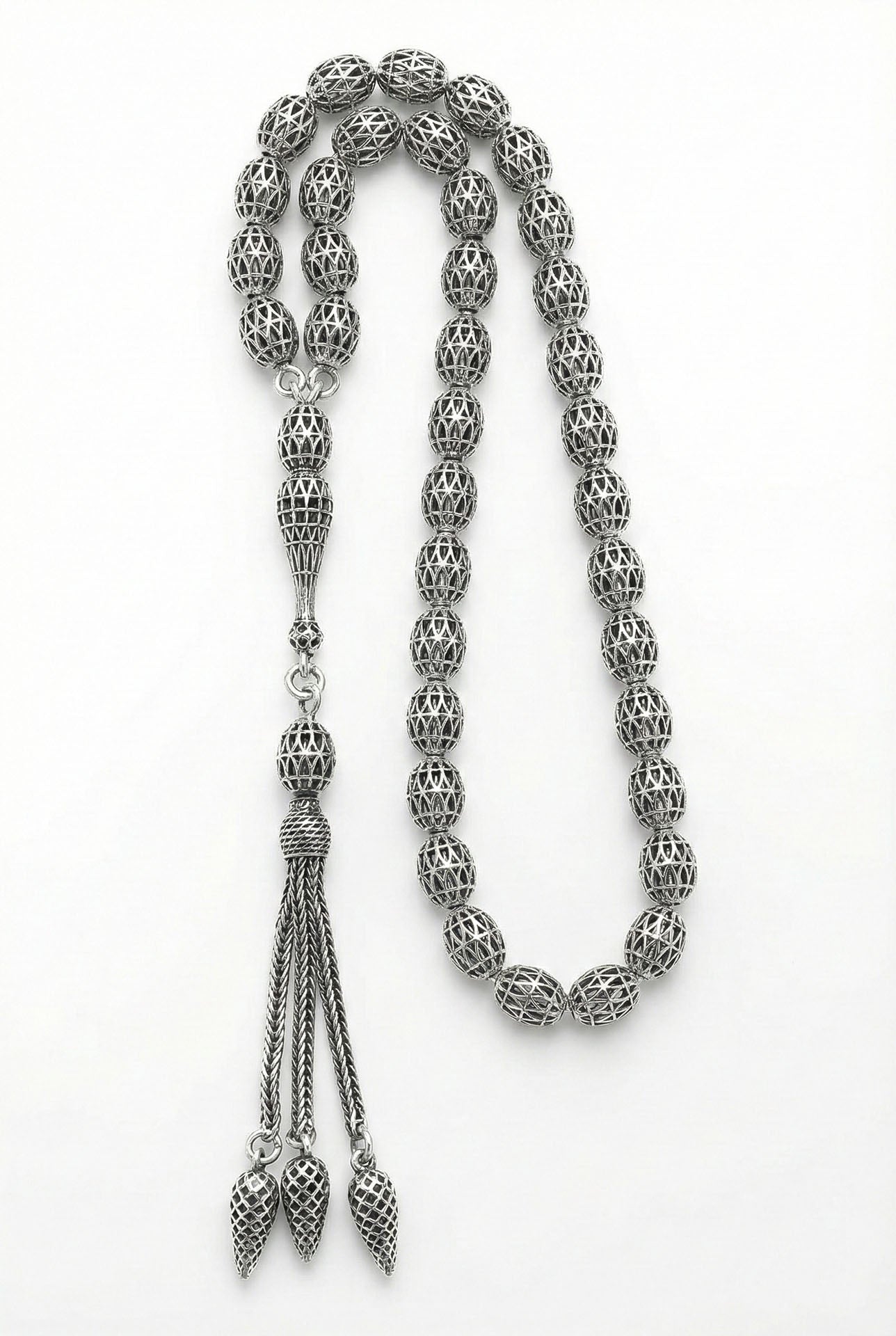 Oval Cut Tassel Cage Embroidered-Style Traditional Prayer Beads Silver