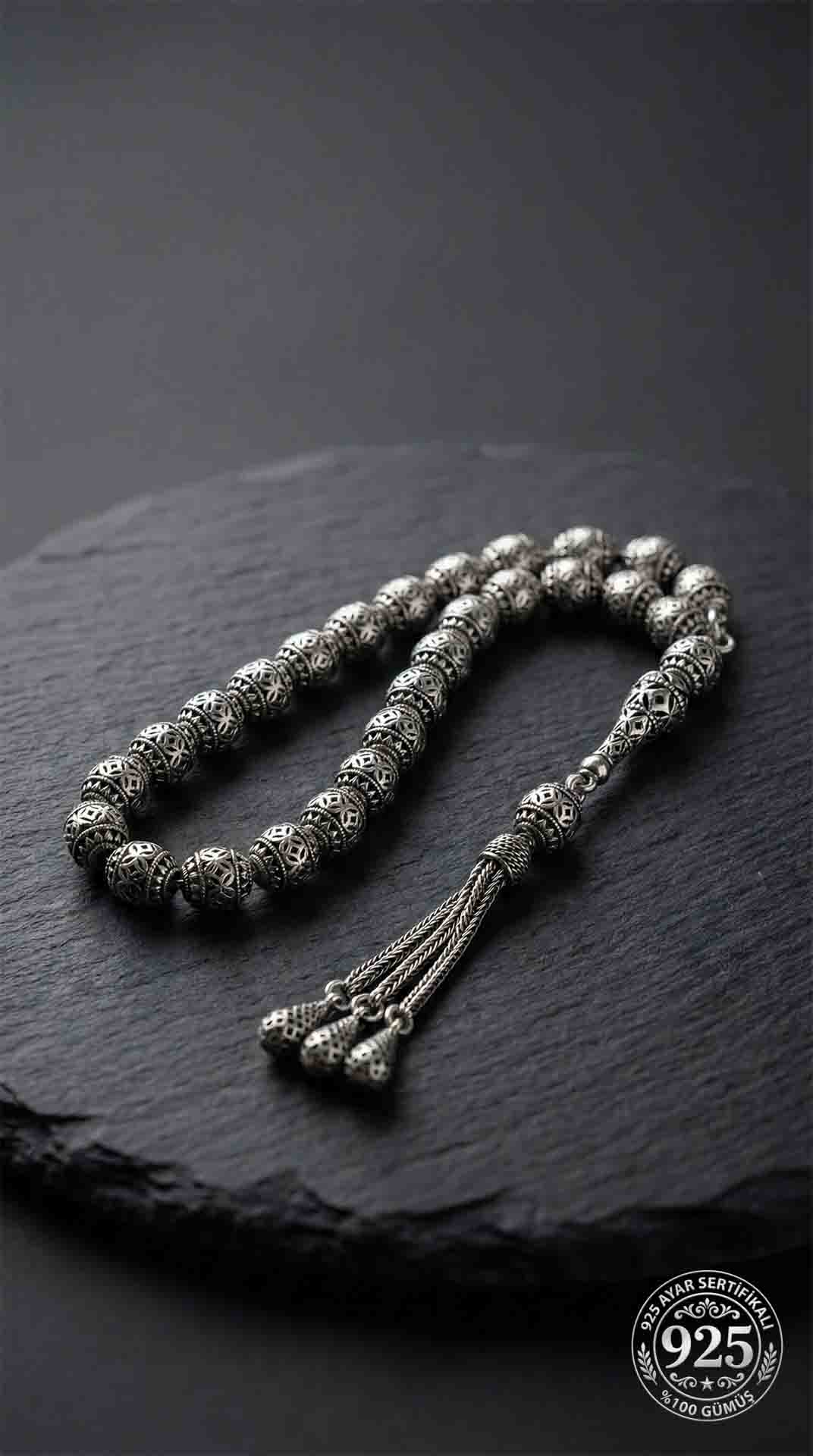 Oval Cut Tassel Diamond-Shape Pattern Traditional Prayer Beads Silver