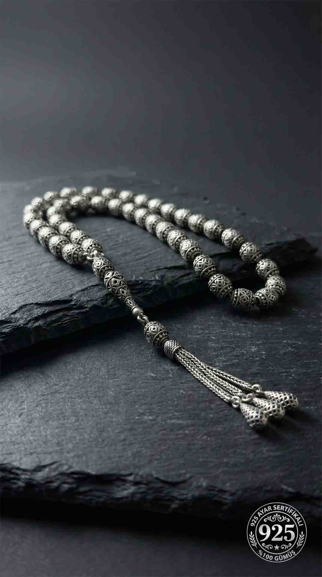 Oval Cut Tassel Diamond-Shape Pattern Traditional Prayer Beads Silver