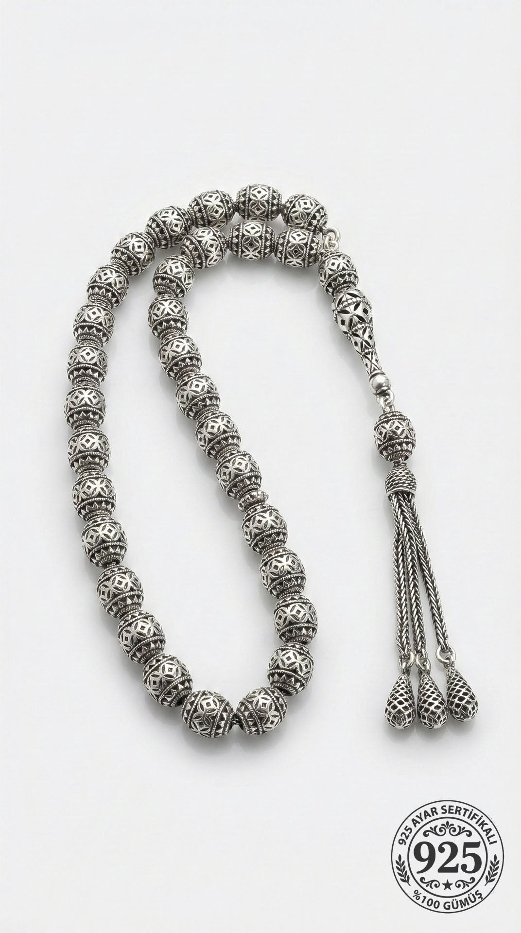 Oval Cut Tassel Diamond-Shape Pattern Traditional Prayer Beads Silver