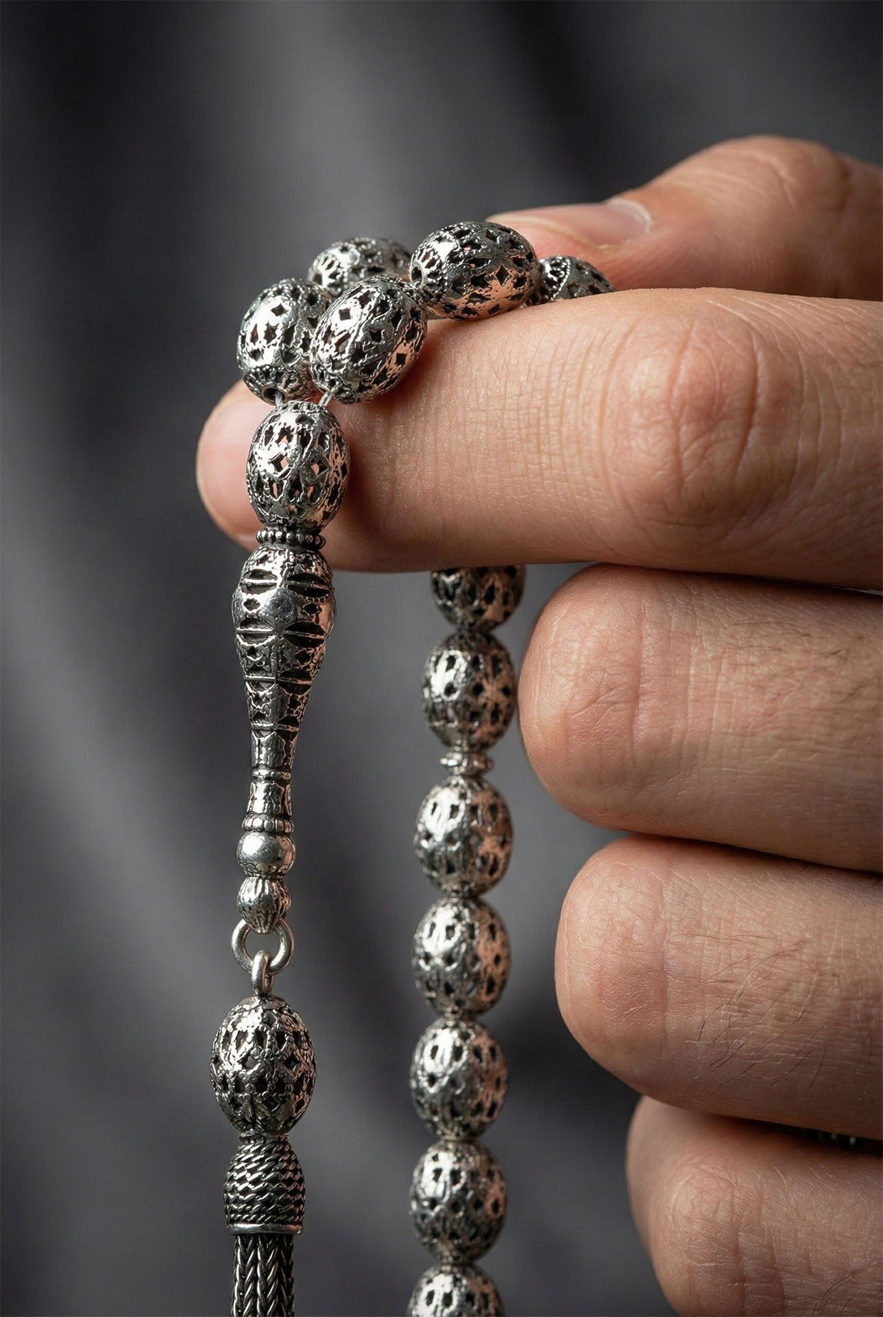 Oval Cut Tassel Diamond-Shape Embroidered-Style Traditional Prayer Beads Silver