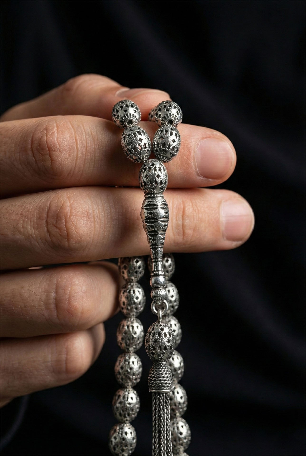 Oval Cut Tassel Diamond-Shape Embroidered-Style Traditional Prayer Beads Silver
