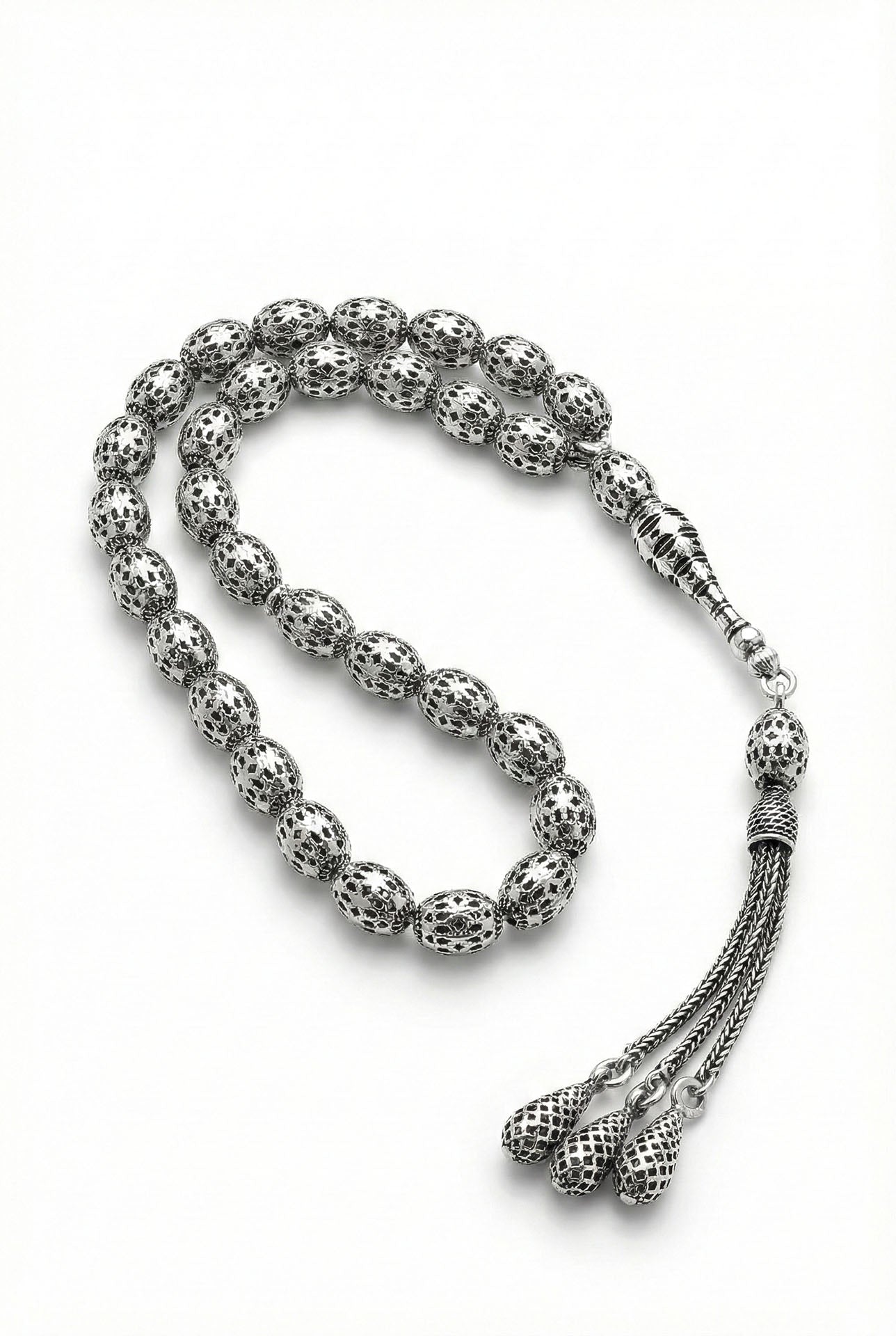 Oval Cut Tassel Diamond-Shape Embroidered-Style Traditional Prayer Beads Silver