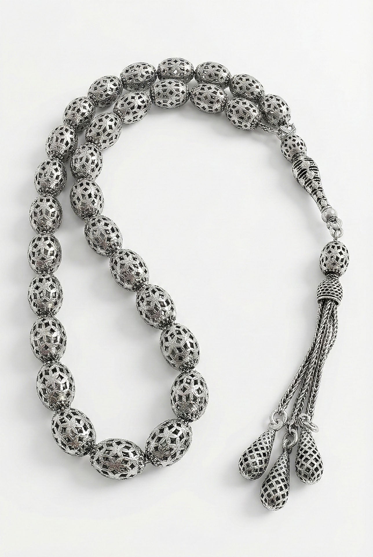 Oval Cut Tassel Diamond-Shape Embroidered-Style Traditional Prayer Beads Silver