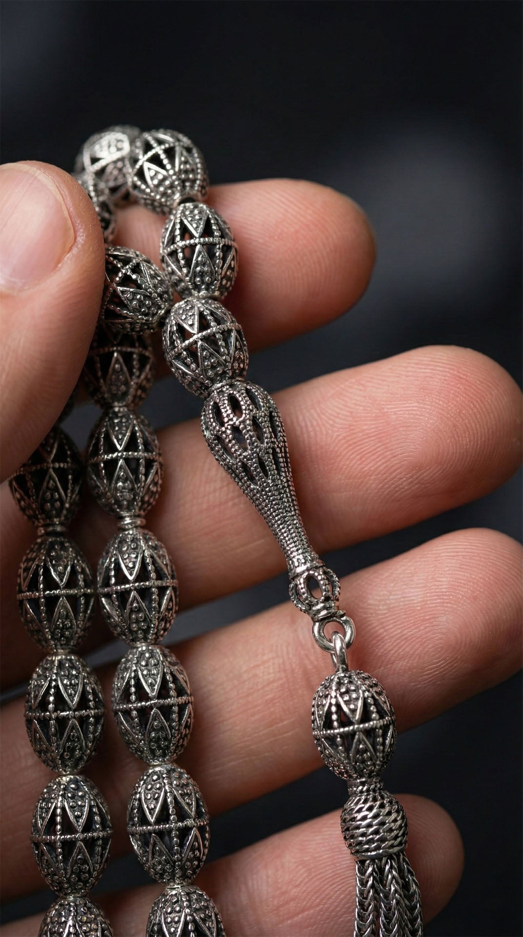 Oval Cut Tassel Diamond-Shape Armor Patterned Traditional Prayer Beads Silver