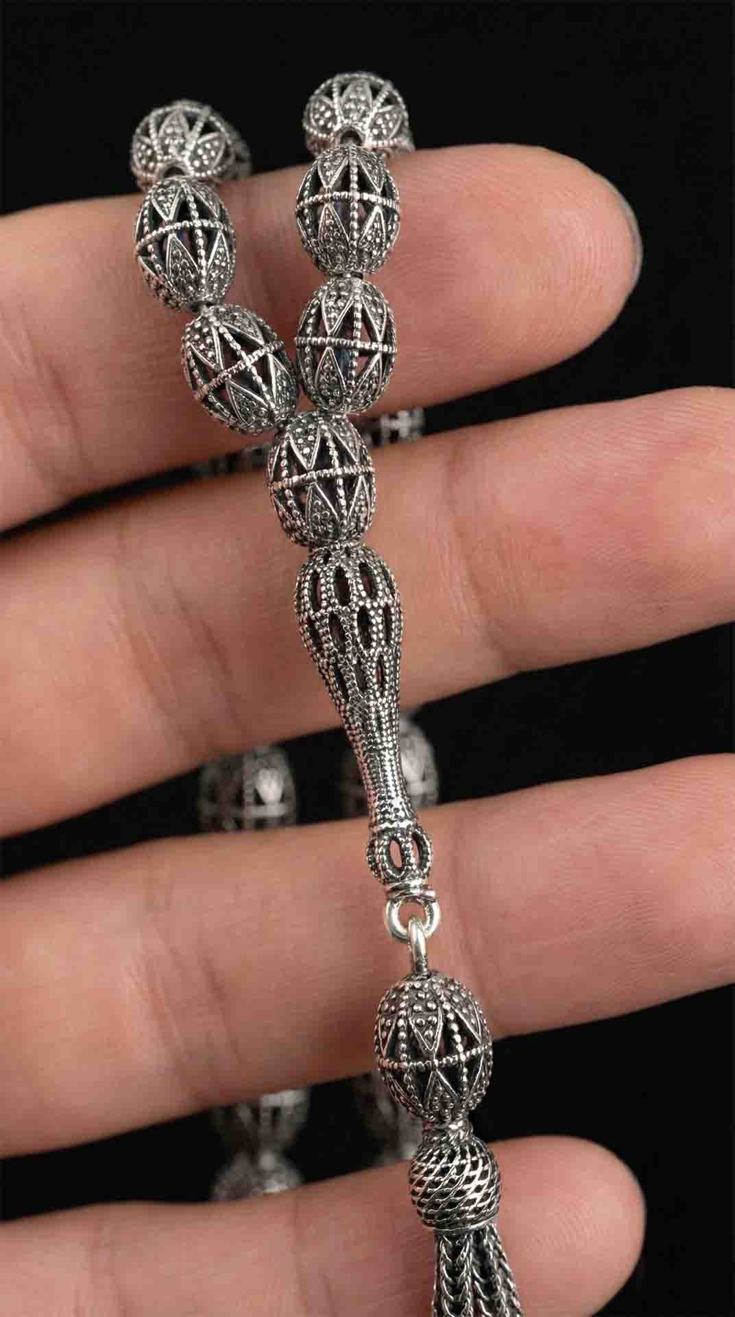 Oval Cut Tassel Diamond-Shape Armor Patterned Traditional Prayer Beads Silver