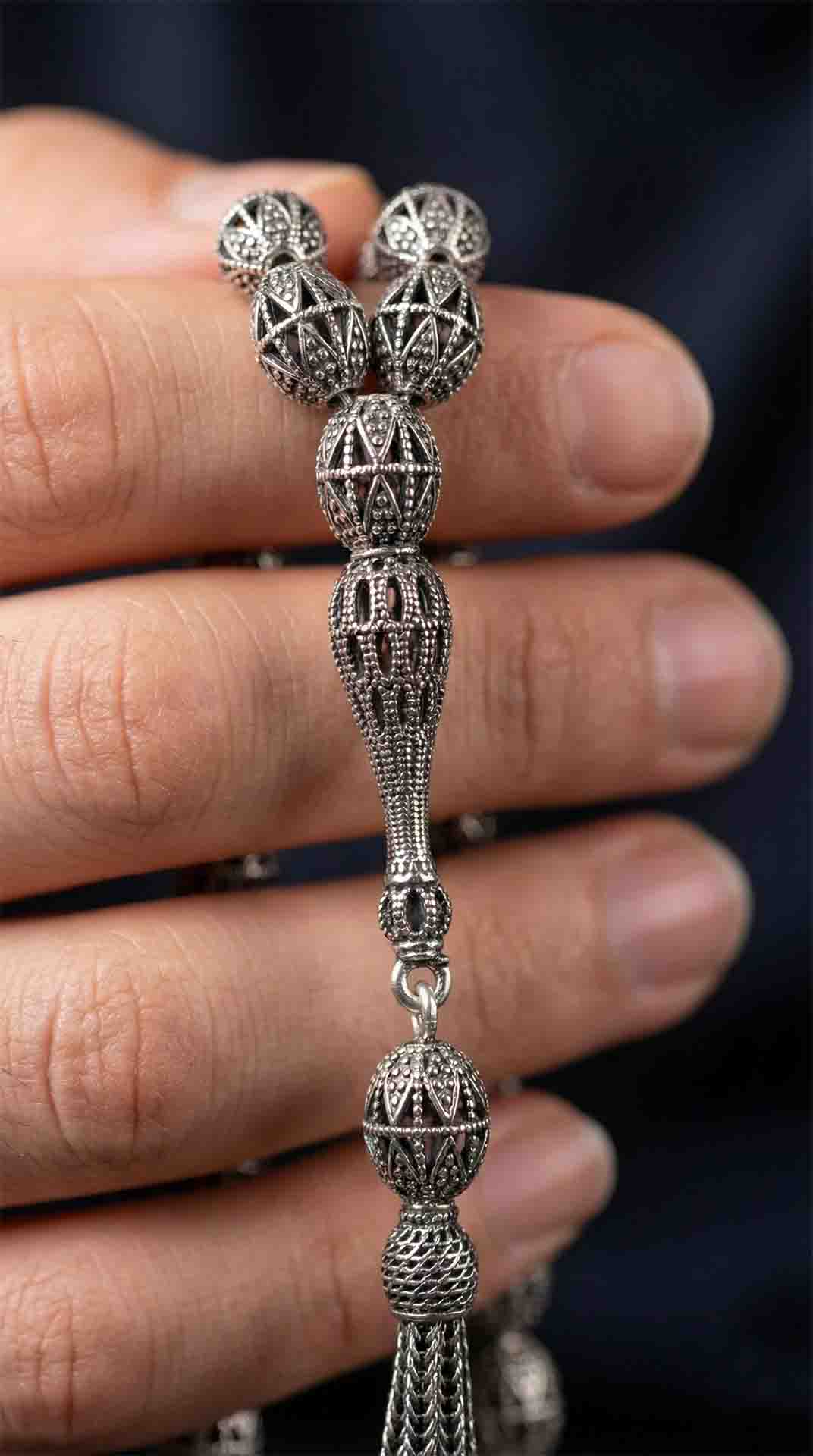 Oval Cut Tassel Diamond-Shape Armor Patterned Traditional Prayer Beads Silver
