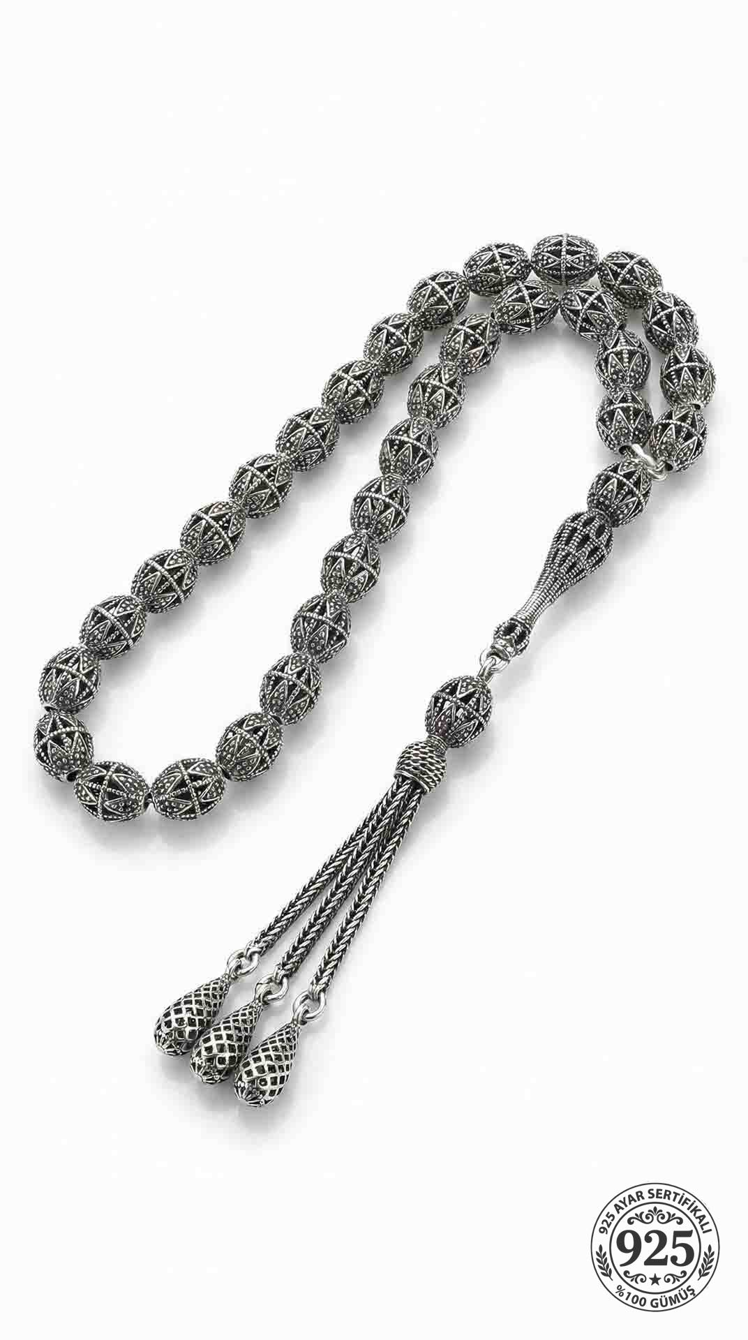 Oval Cut Tassel Diamond-Shape Armor Patterned Traditional Prayer Beads Silver
