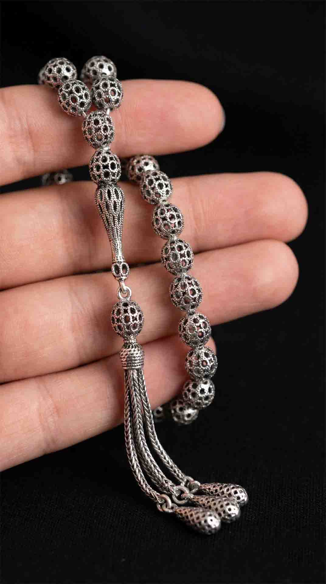 Oval Cut Tassel Wirework Ball Embroidered-Style Traditional Prayer Beads Silver