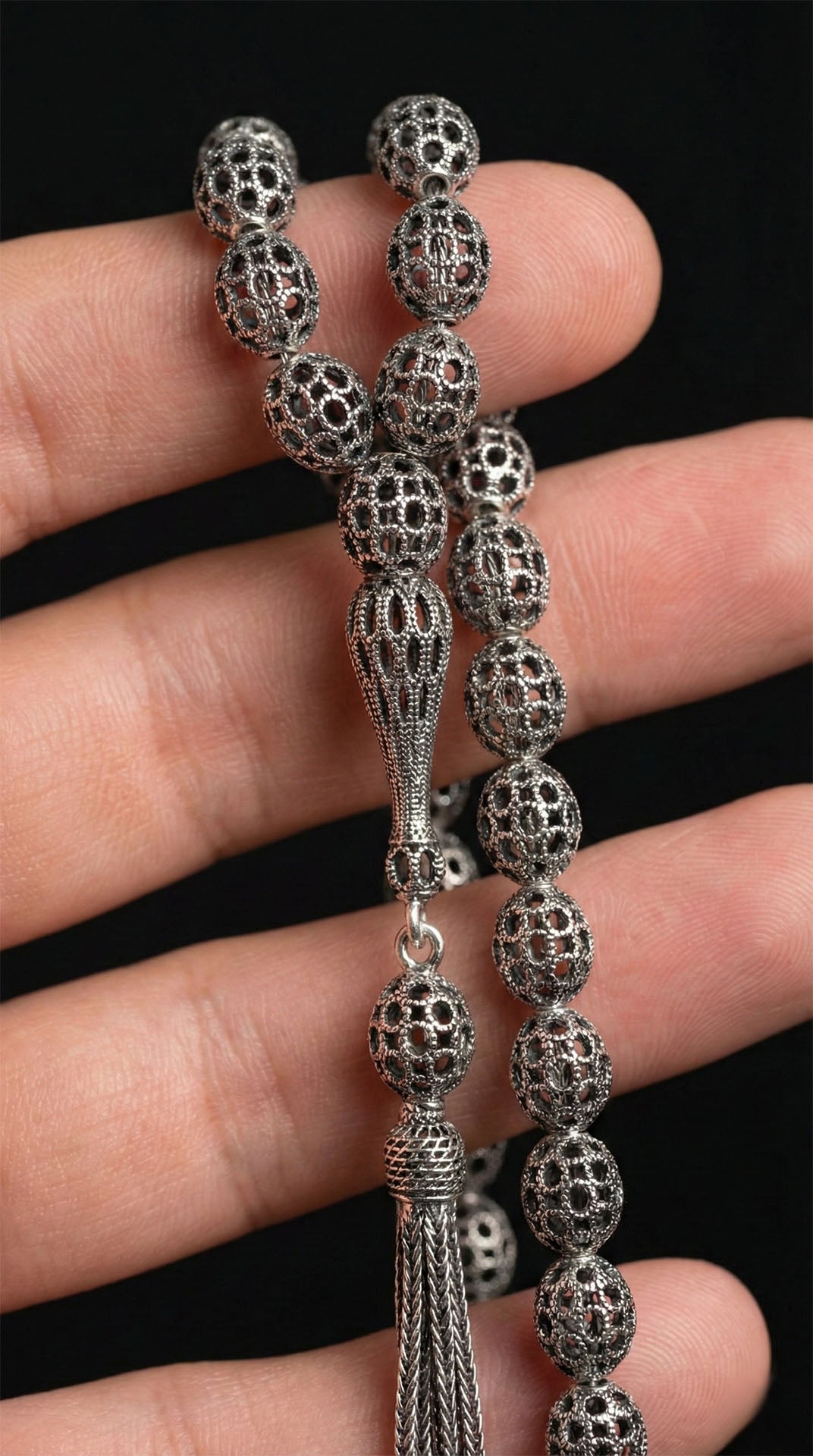 Oval Cut Tassel Wirework Ball Embroidered-Style Traditional Prayer Beads Silver