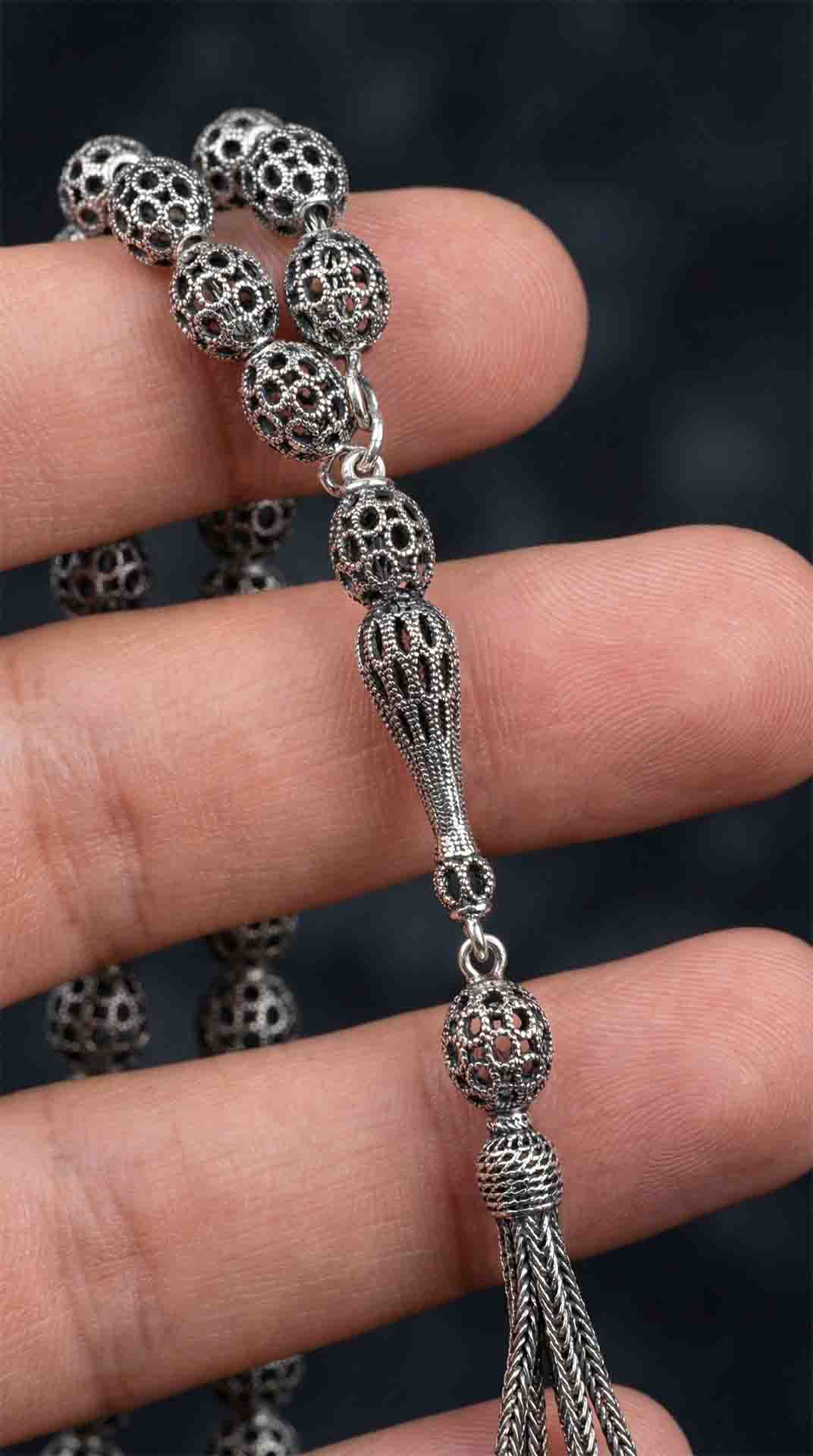 Oval Cut Tassel Wirework Ball Embroidered-Style Traditional Prayer Beads Silver