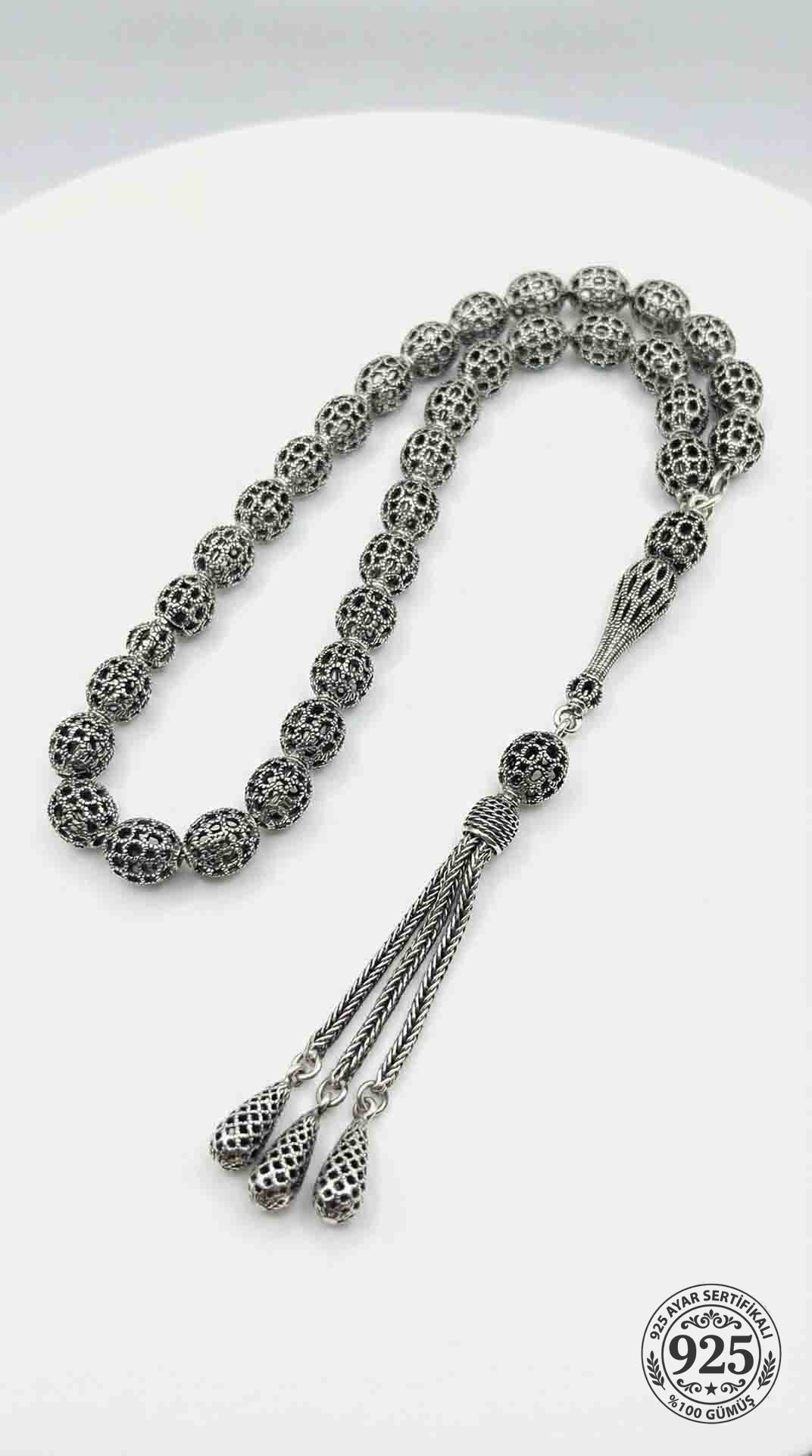 Oval Cut Tassel Wirework Ball Embroidered-Style Traditional Prayer Beads Silver