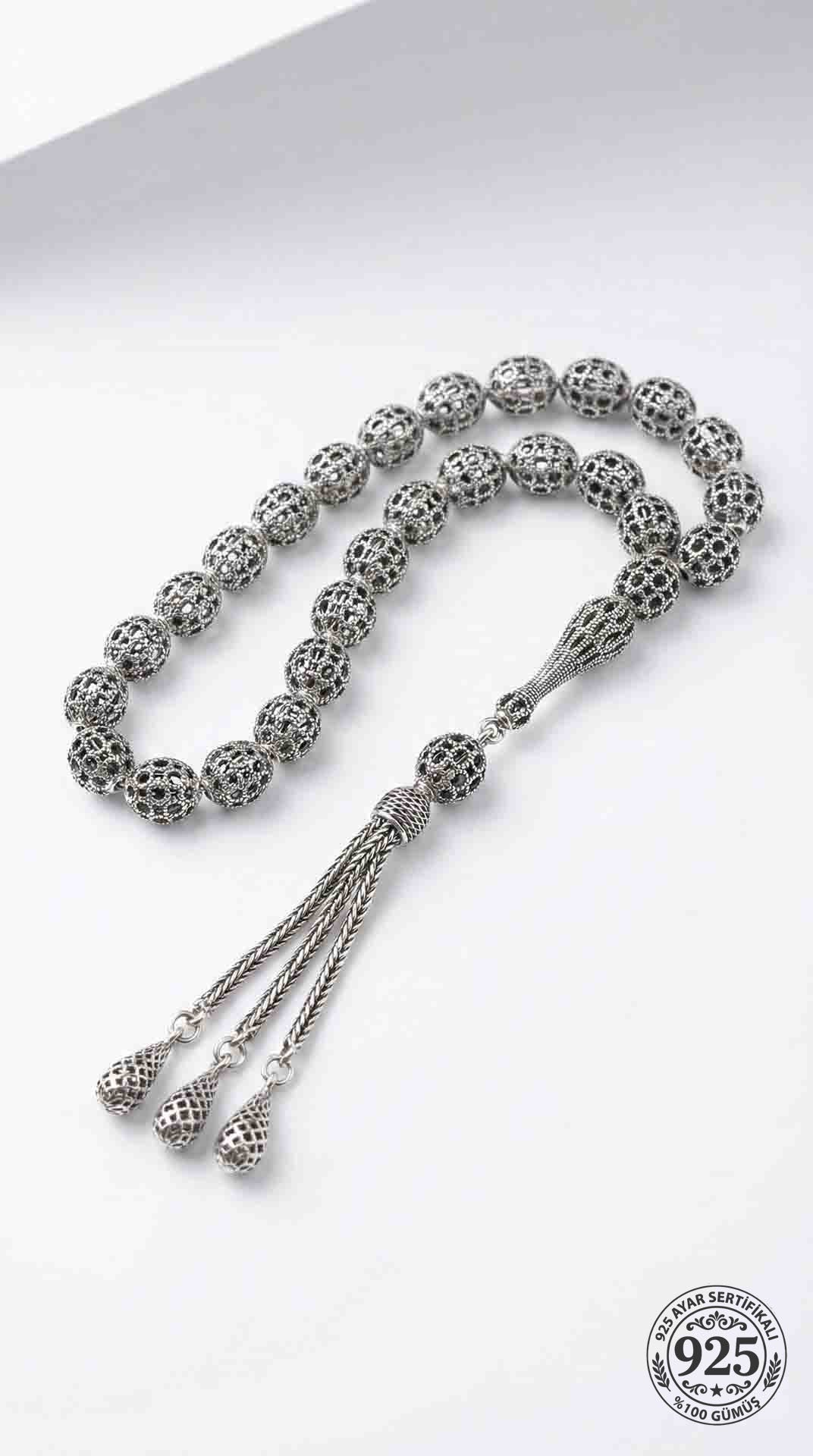 Oval Cut Tassel Wirework Ball Embroidered-Style Traditional Prayer Beads Silver
