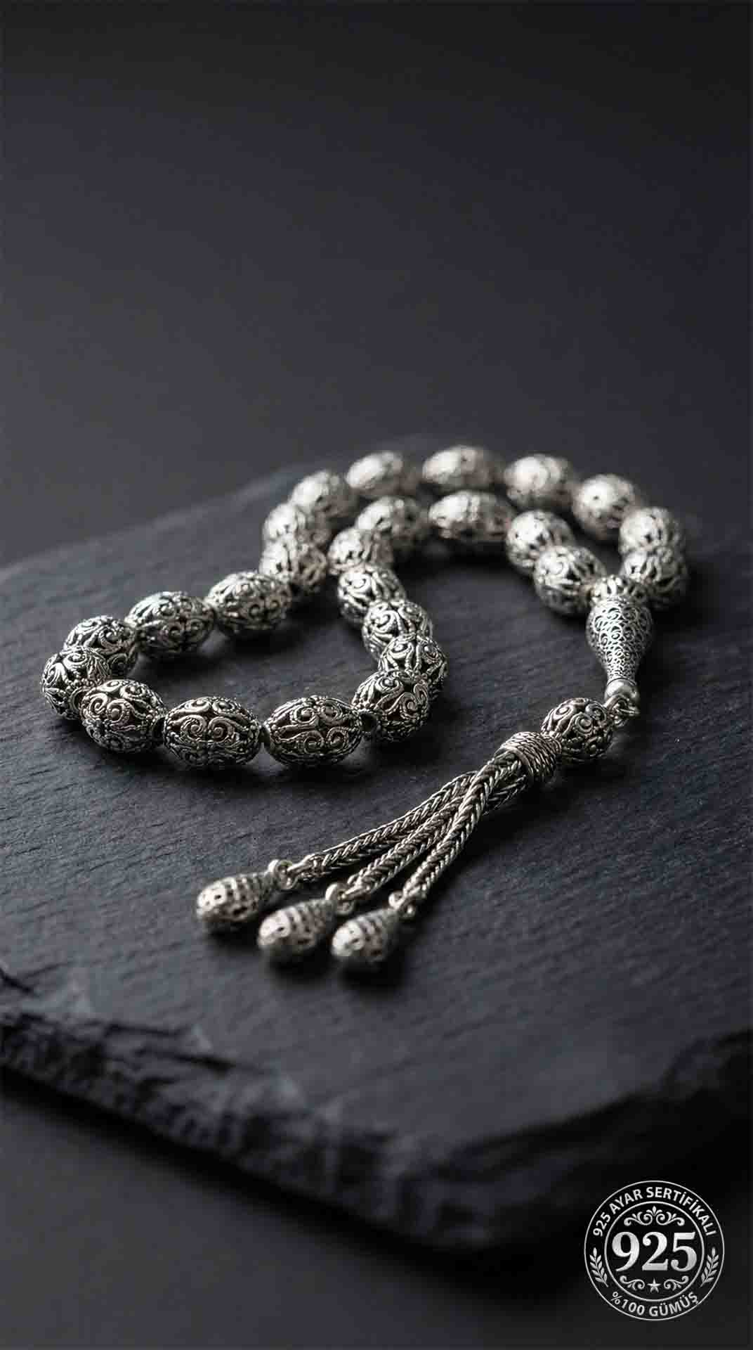 Oval Cut Tassel Tulip Patterned Traditional Prayer Beads Silver