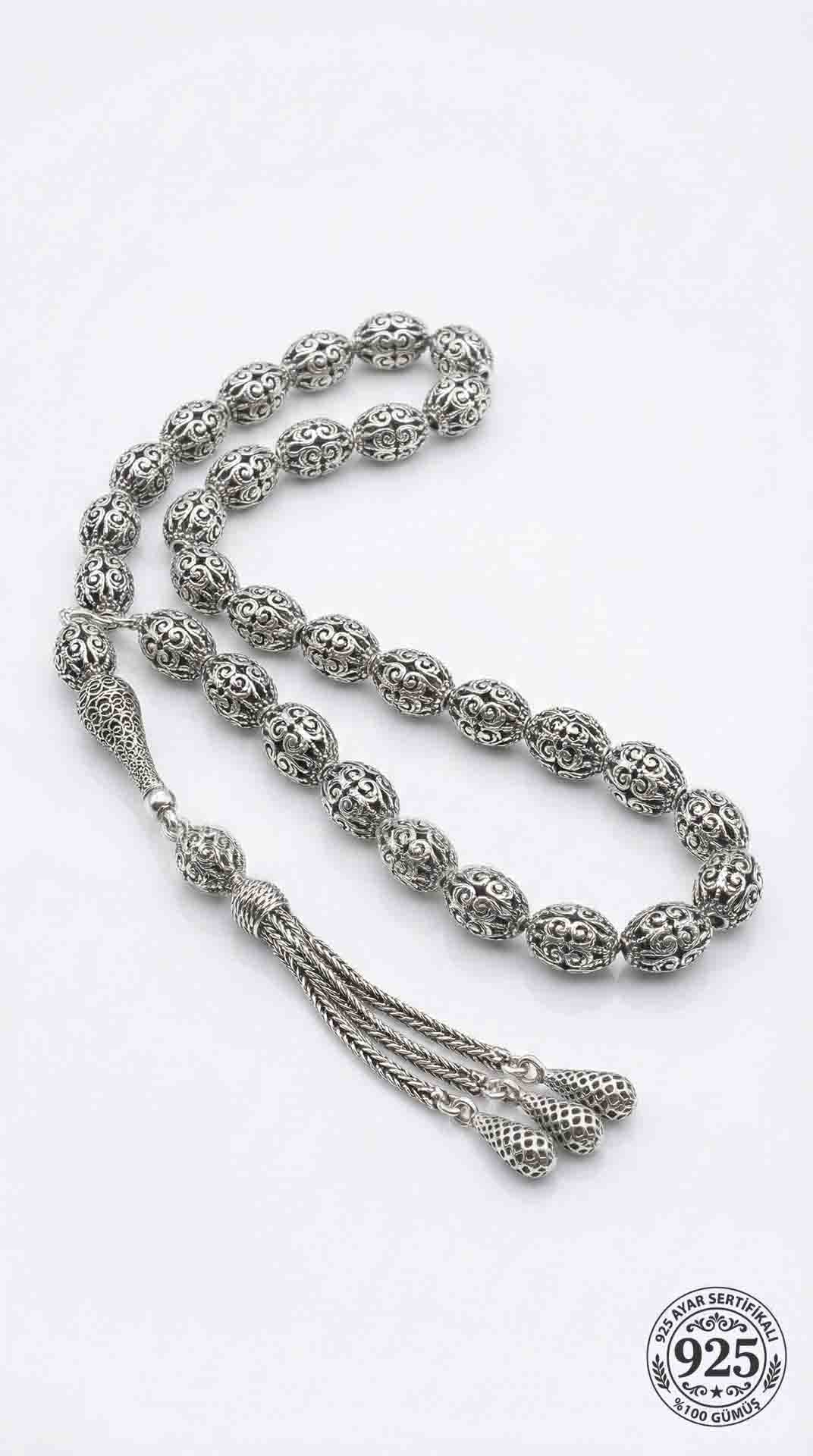 Oval Cut Tassel Tulip Patterned Traditional Prayer Beads Silver