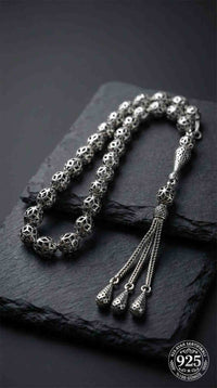 Oval Cut Tassel Modern Embroidered-Style Traditional Prayer Beads Silver