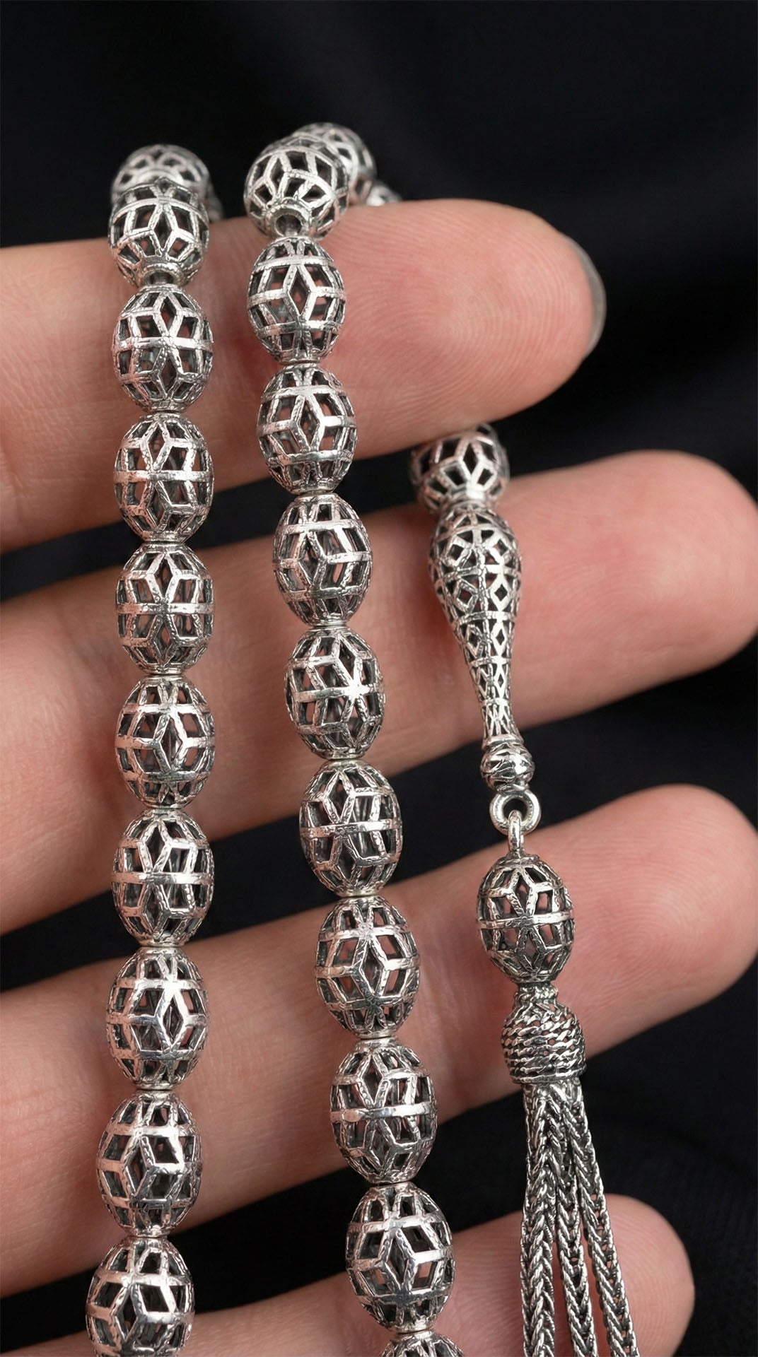 Oval Cut Tassel Modern Embroidered-Style Traditional Prayer Beads Silver