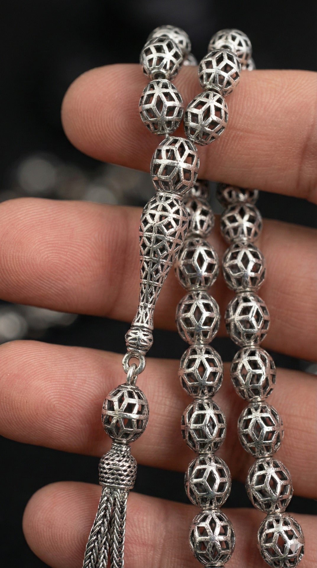 Oval Cut Tassel Modern Embroidered-Style Traditional Prayer Beads Silver