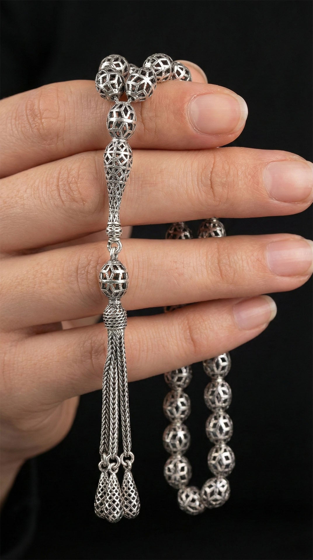 Oval Cut Tassel Modern Embroidered-Style Traditional Prayer Beads Silver