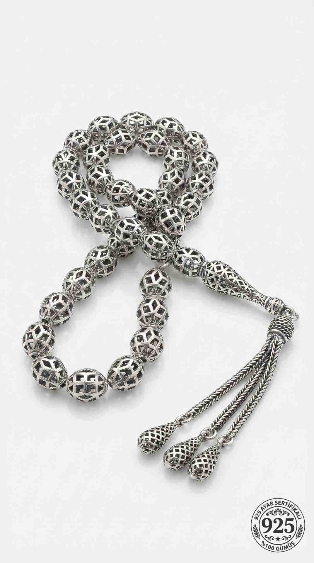 Oval Cut Tassel Modern Embroidered-Style Traditional Prayer Beads Silver