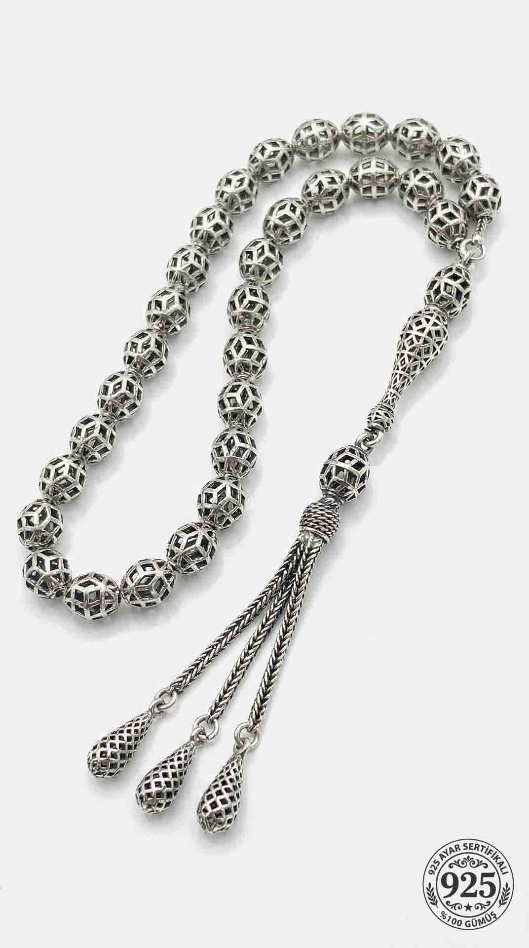 Oval Cut Tassel Modern Embroidered-Style Traditional Prayer Beads Silver
