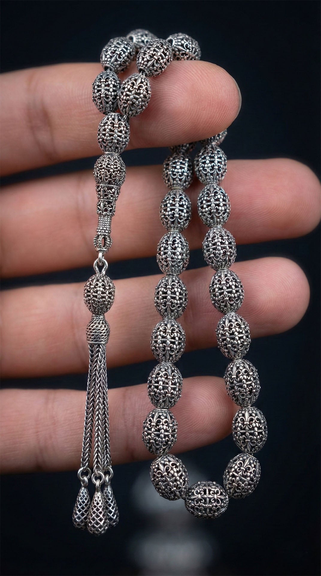 Oval Cut Tassel Braided Patterned Traditional Prayer Beads Silver