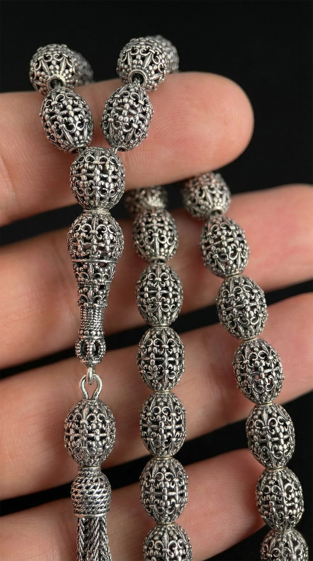 Oval Cut Tassel Braided Patterned Traditional Prayer Beads Silver