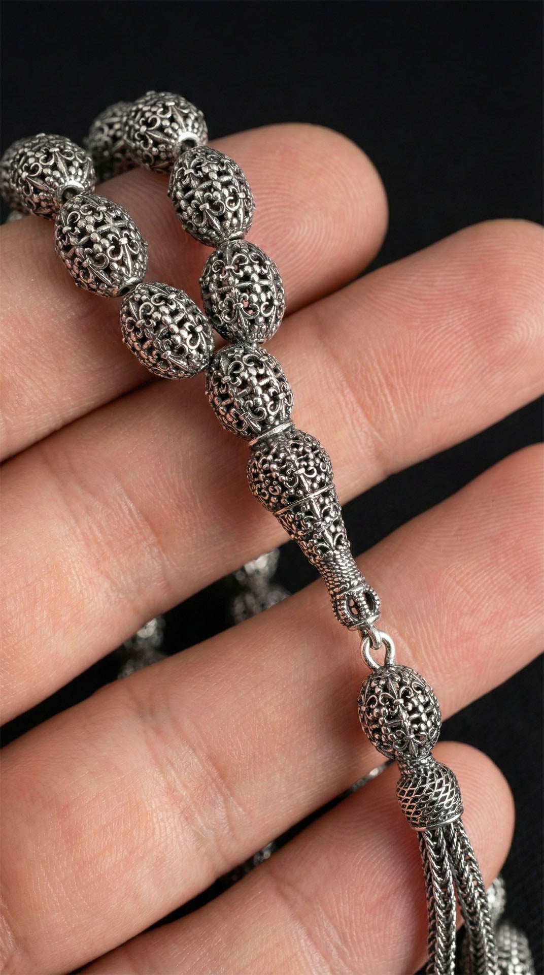 Oval Cut Tassel Braided Patterned Traditional Prayer Beads Silver