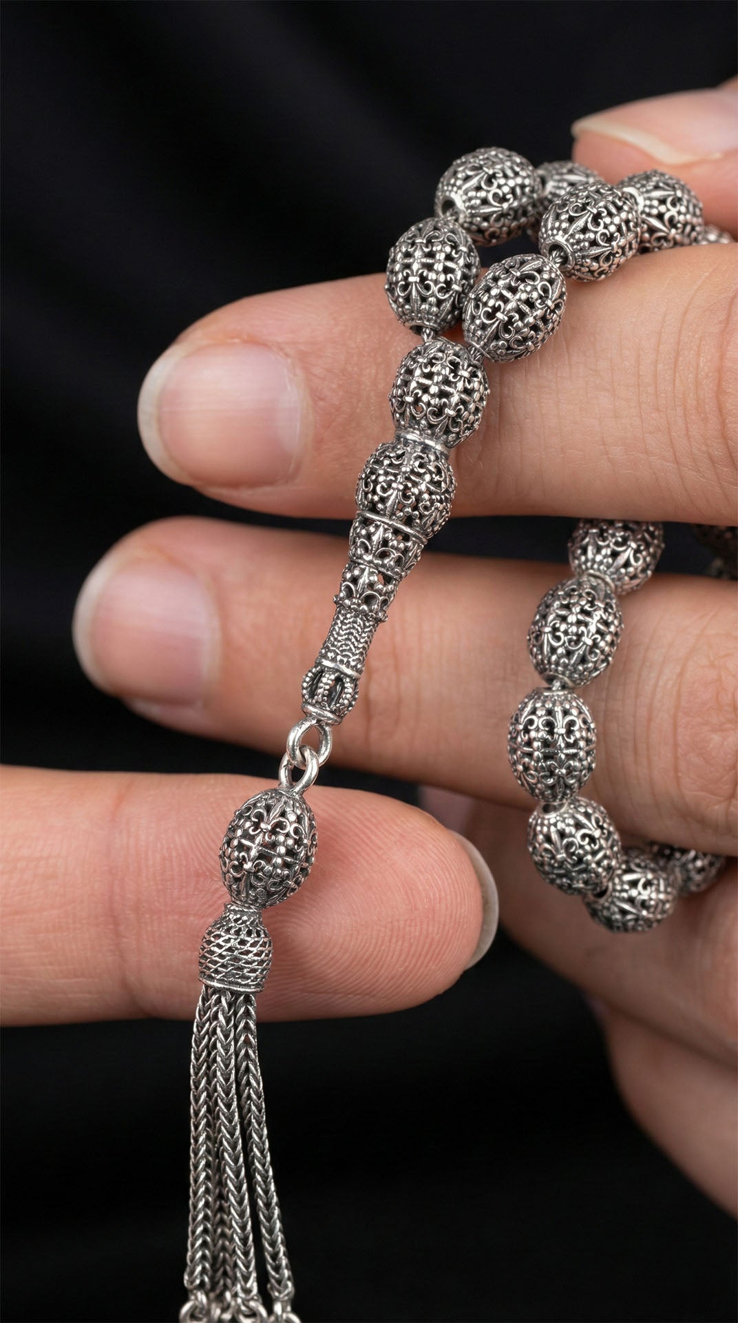 Oval Cut Tassel Braided Patterned Traditional Prayer Beads Silver