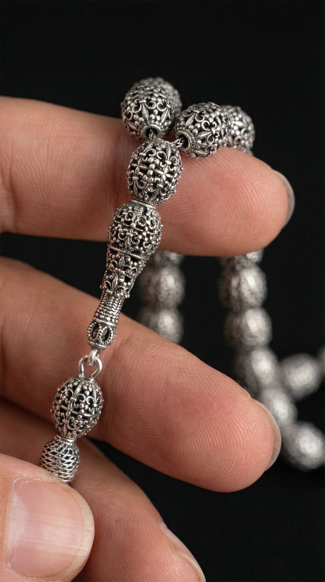 Oval Cut Tassel Braided Patterned Traditional Prayer Beads Silver