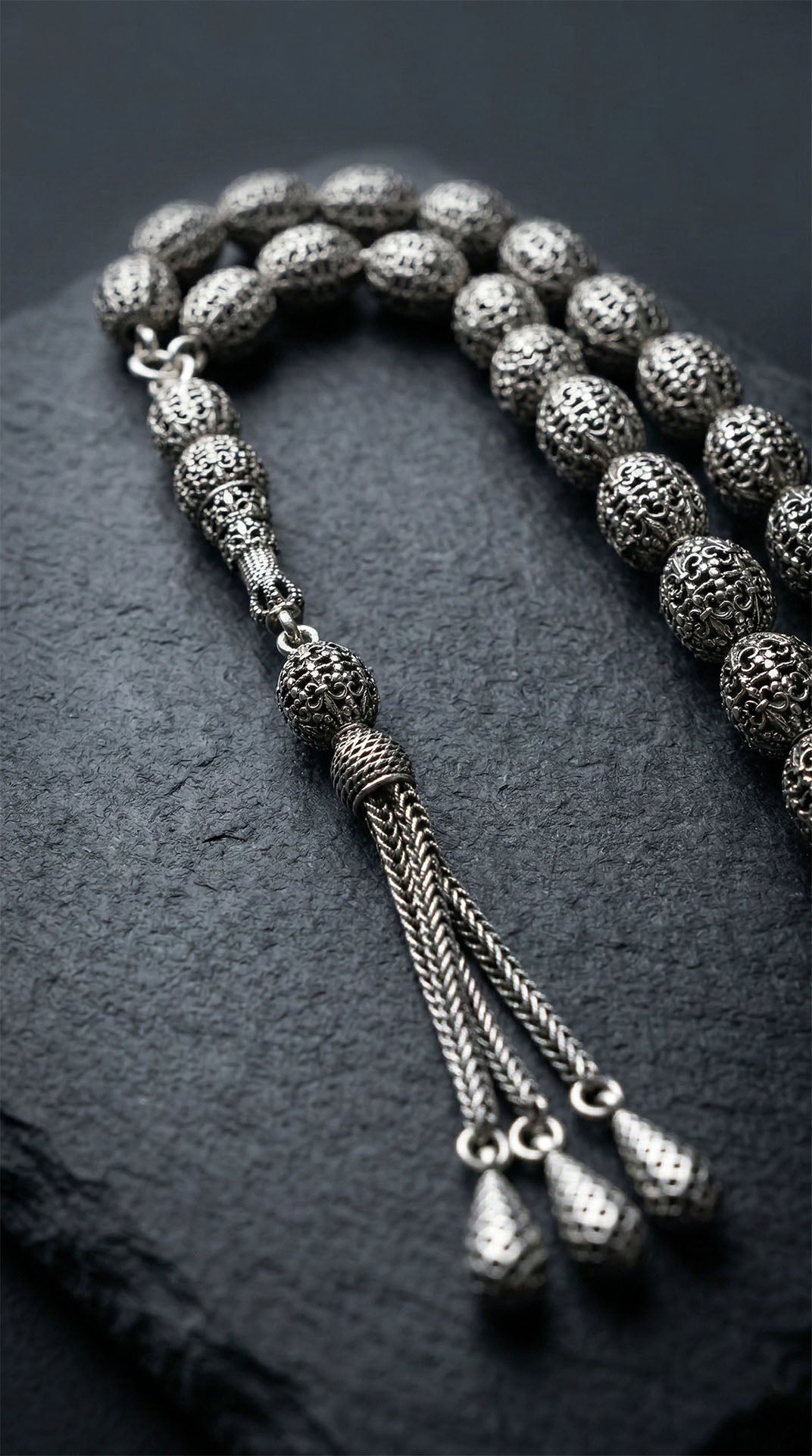 Oval Cut Tassel Braided Patterned Traditional Prayer Beads Silver