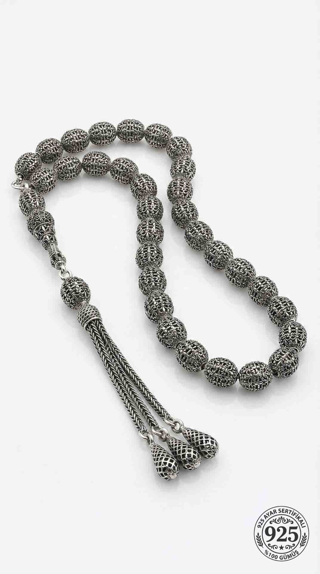 Oval Cut Tassel Braided Patterned Traditional Prayer Beads Silver