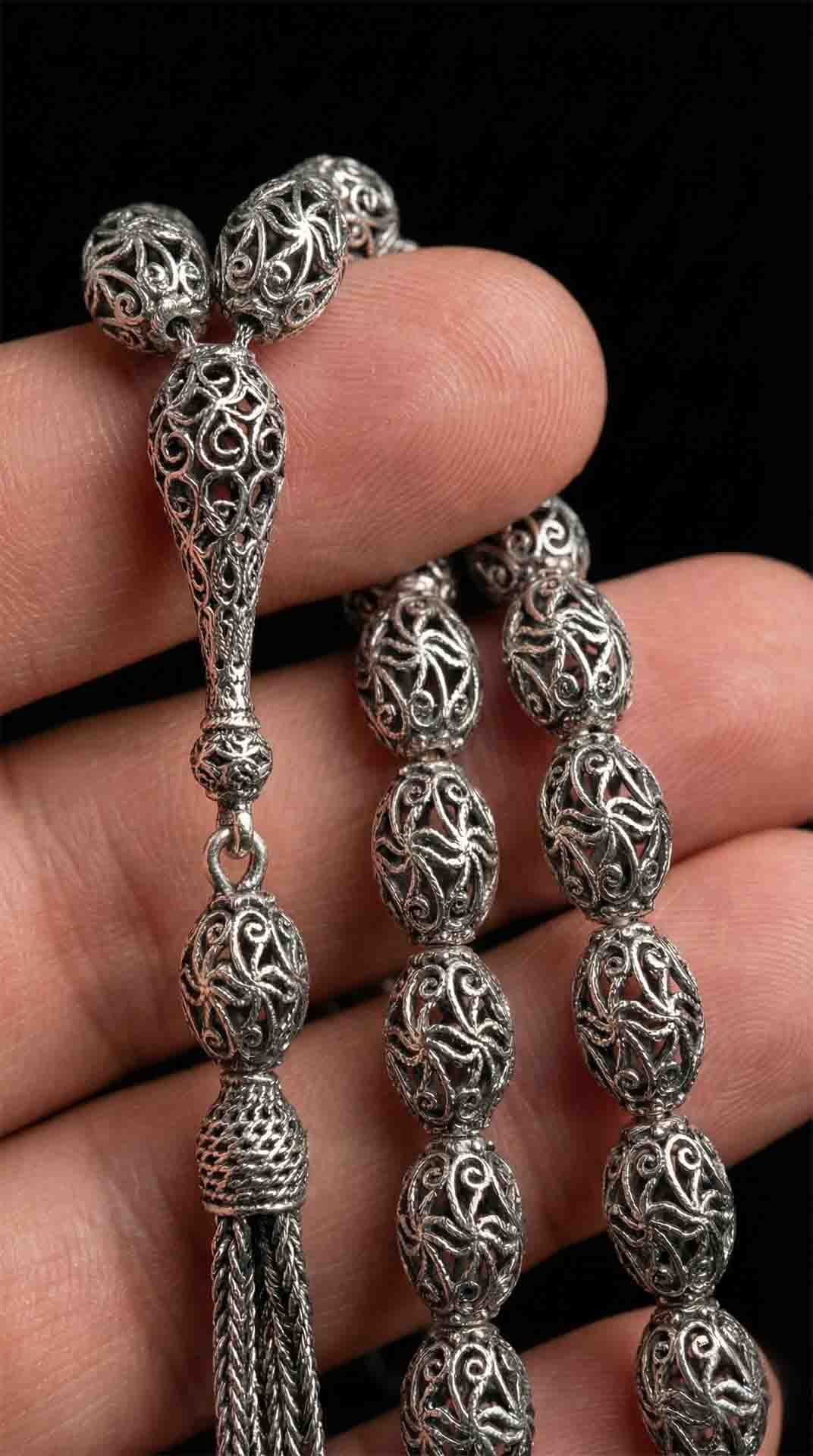 Oval Cut Tassel Spiral Patterned Traditional Prayer Beads Silver