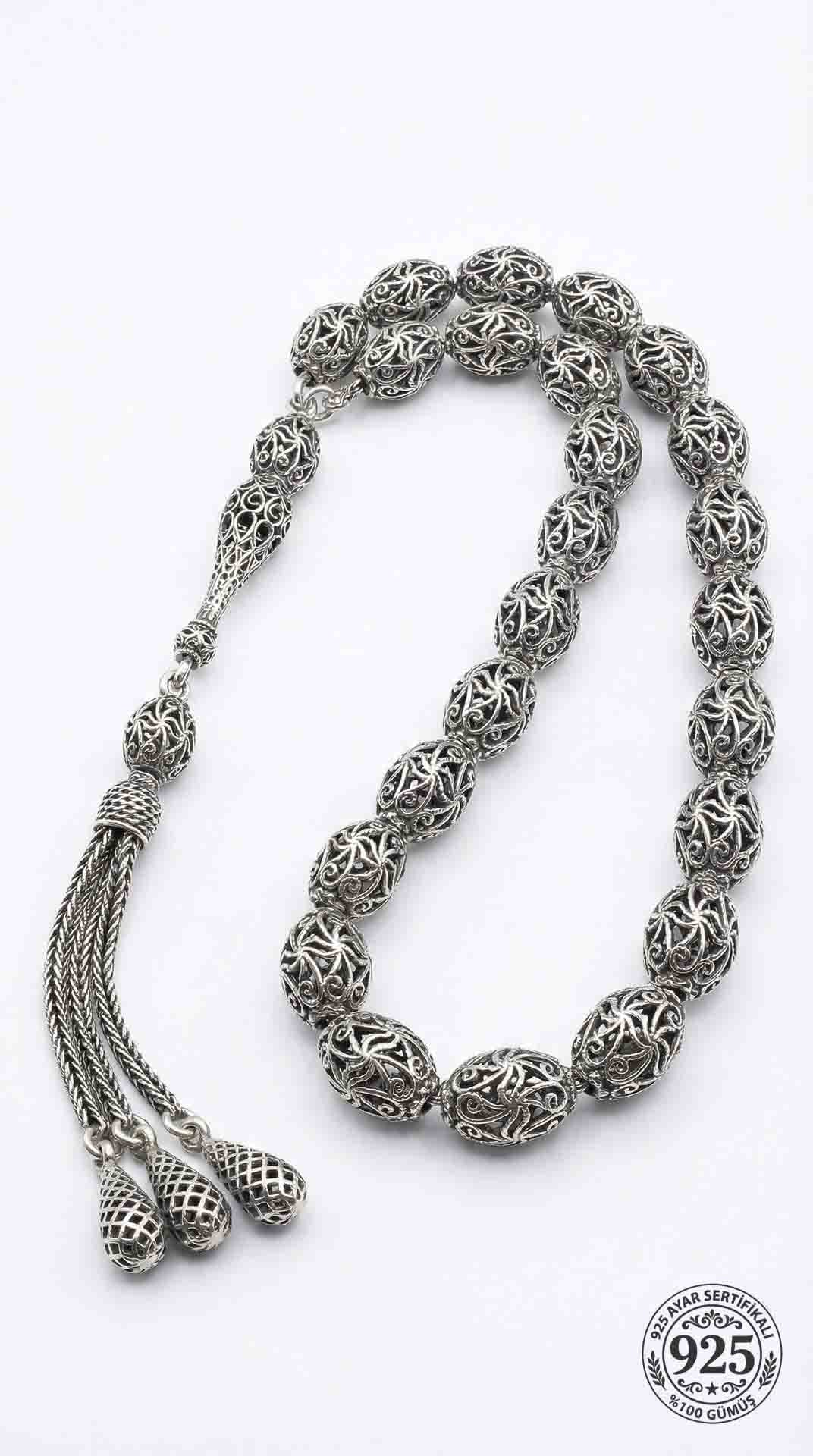 Oval Cut Tassel Spiral Patterned Traditional Prayer Beads Silver