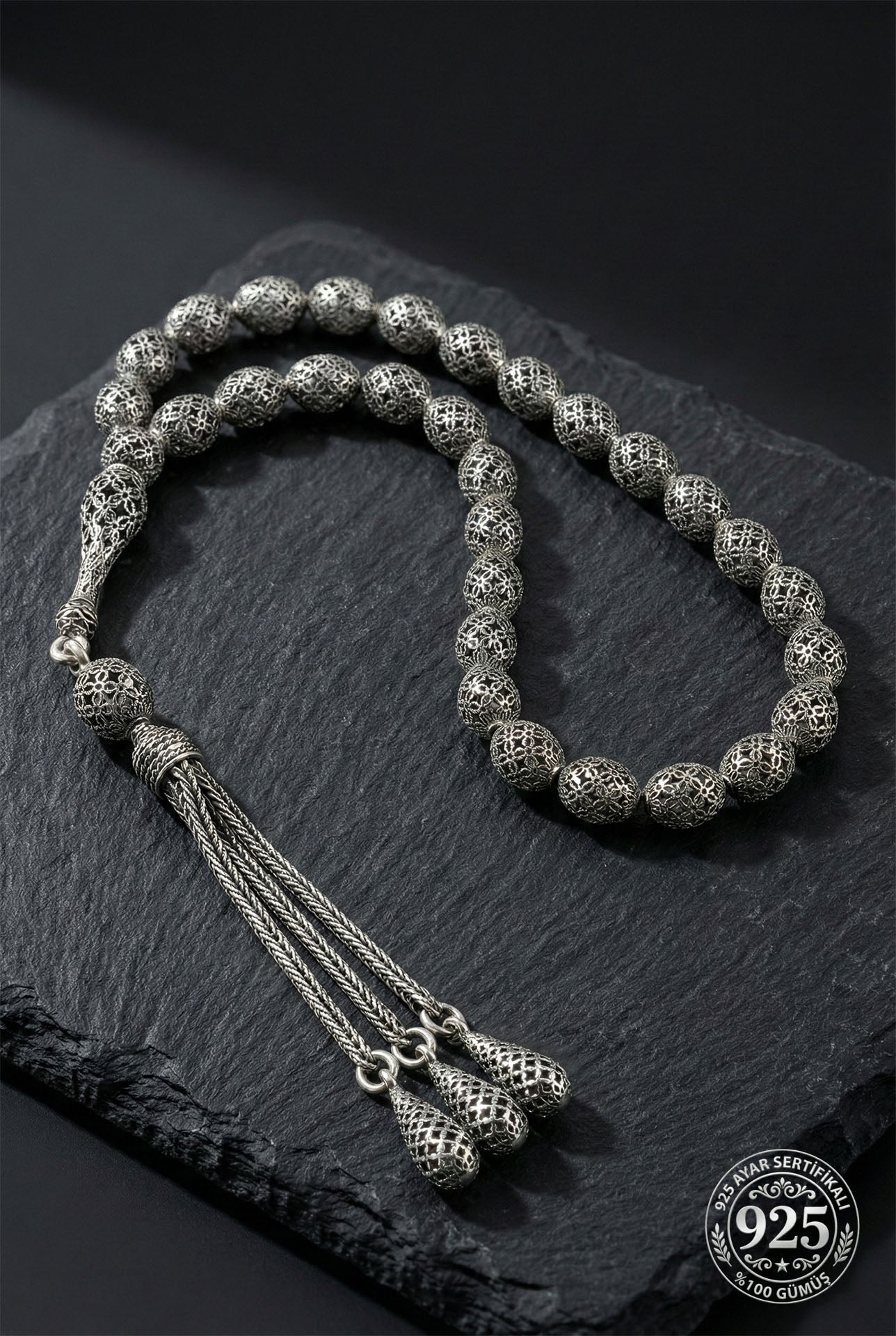 Capsule Cut Tassel Ottoman Embroidered-Style Traditional Prayer Beads Silver